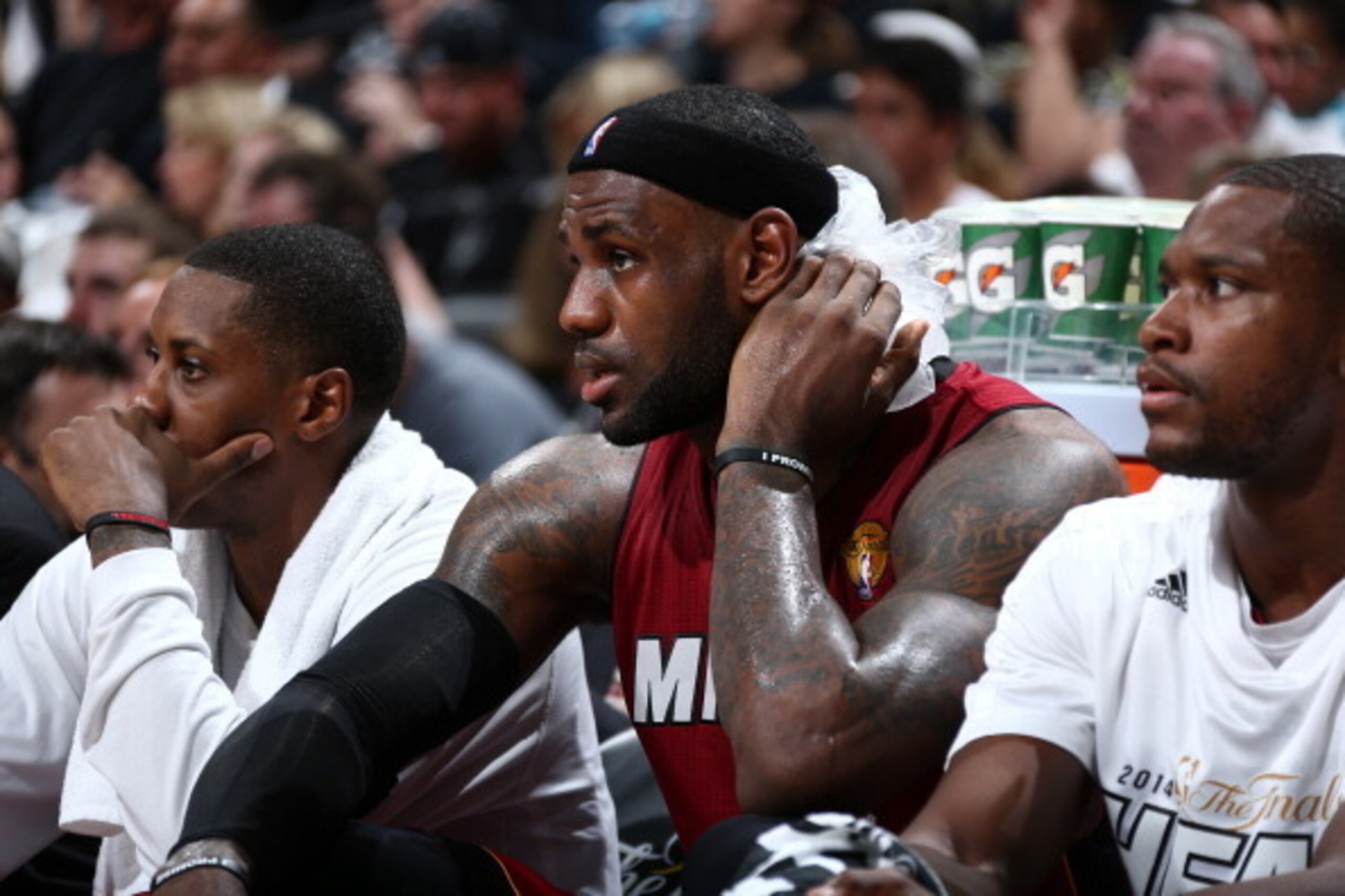 SAN ANTONIO, TX - JUNE 5: LeBron James #6 of the Miami Heat ices on the bench in Game One of the 2014 NBA Finals at AT&T Center on June 5, 2014 in San Antonio, Texas. NOTE TO USER: User expressly acknowledges and agrees that, by downloading and/or using t