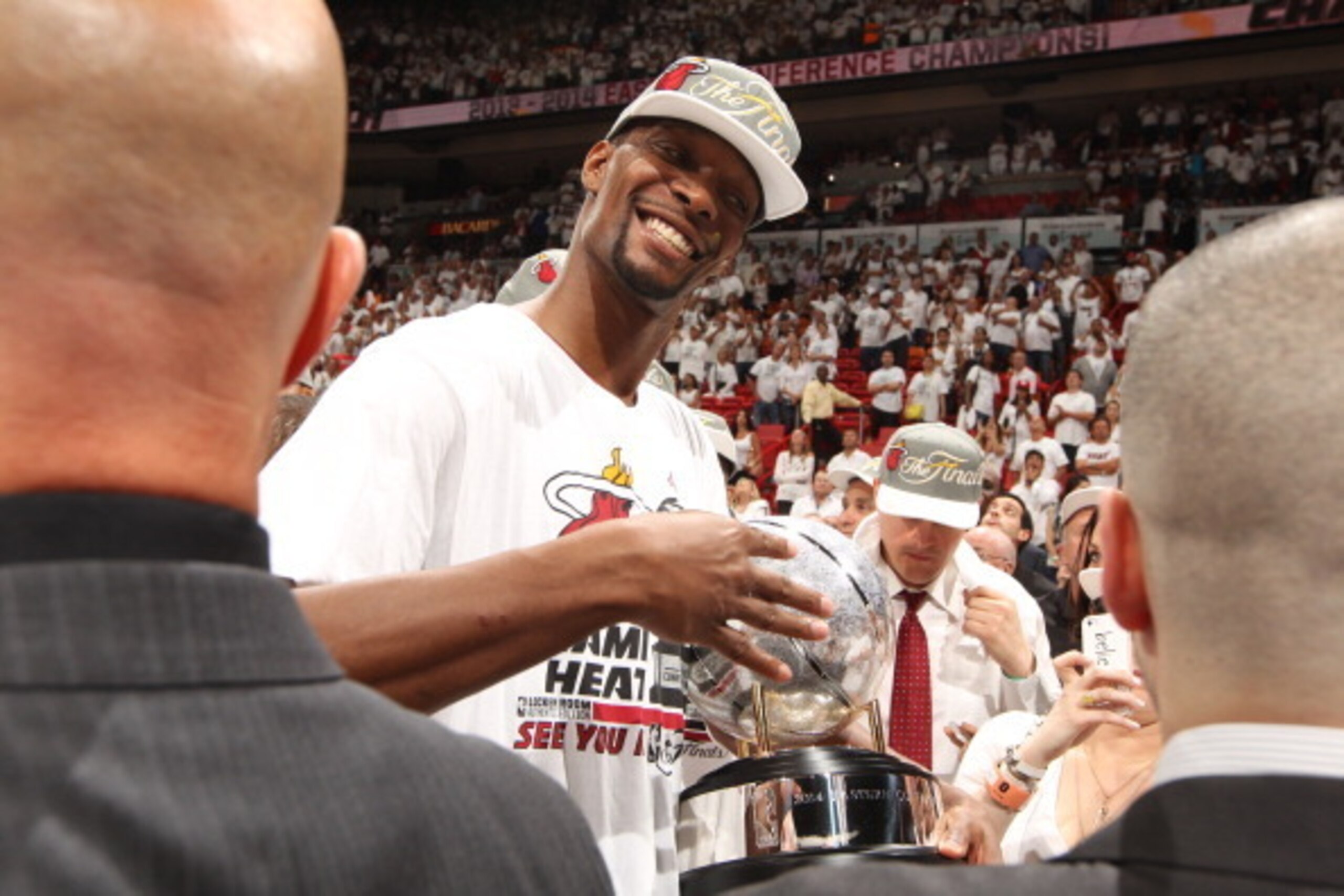 MIAMI, FL - MAY 30: Chris Bosh #1 of the Miami Heat celebrates after Game Six of the Eastern Conference Finals against the Indiana Pacers during the 2014 NBA Playoffs on May 30, 2014 in Miami, Fl. NOTE TO USER: User expressly acknowledges and agrees that, MIAMI, FL - MAY 30: Chris Bosh #1 of the Miami Heat celebrates after Game Six of the Eastern Conference Finals against the Indiana Pacers during the 2014 NBA Playoffs on May 30, 2014 in Miami, Fl. NOTE TO USER: User expressly acknowledges and agrees that,