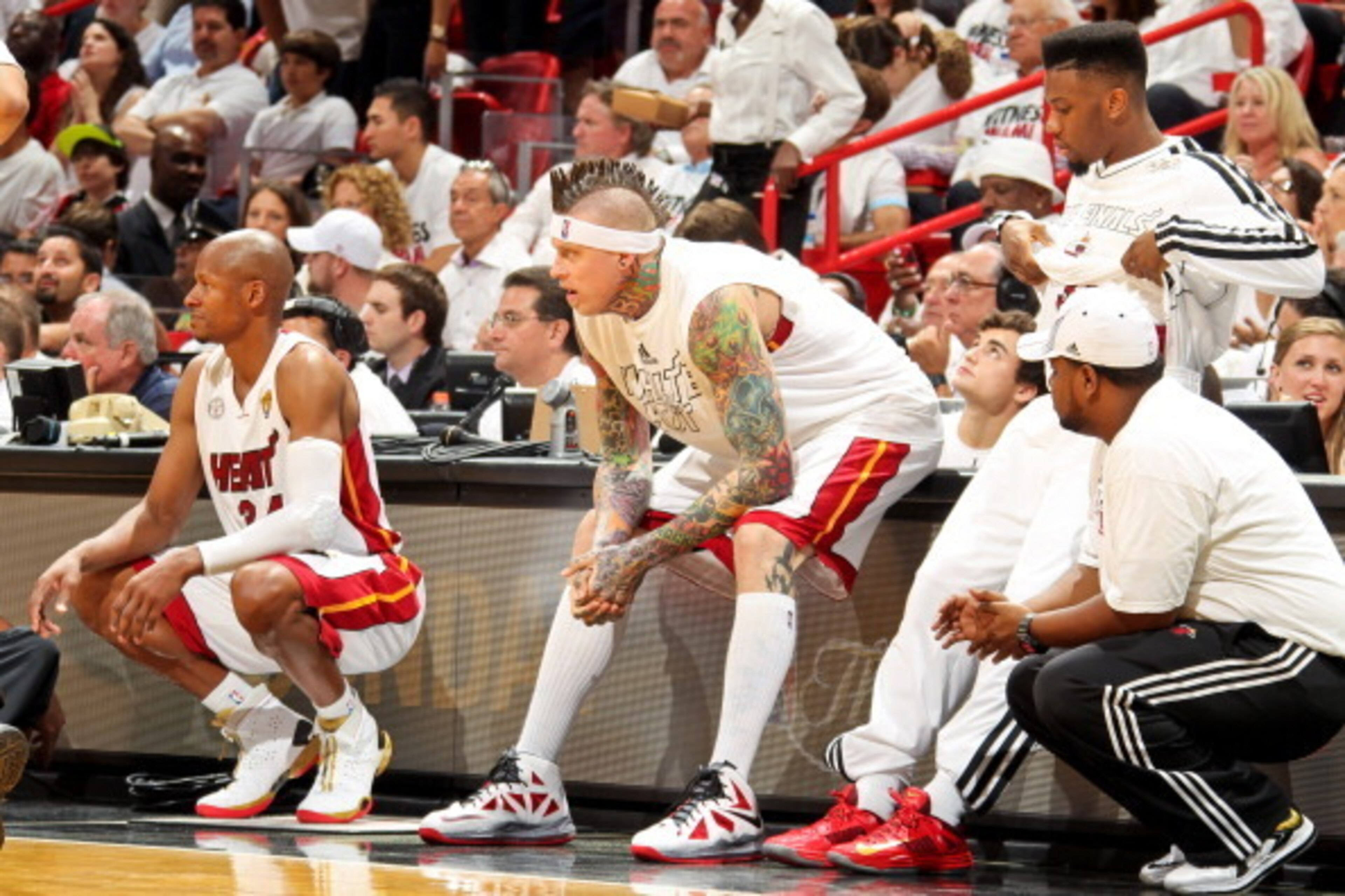 MIAMI, FL - JUNE 6: Miami Heat players Ray Allen #34, Chris Andersen #11 and Norris Cole #30 wait to check in against the San Antonio Spurs during Game One of the 2013 NBA Finals on June 6, 2013 at American Airlines Arena in Miami, Florida. NOTE TO USER: MIAMI, FL - JUNE 6: Miami Heat players Ray Allen #34, Chris Andersen #11 and Norris Cole #30 wait to check in against the San Antonio Spurs during Game One of the 2013 NBA Finals on June 6, 2013 at American Airlines Arena in Miami, Florida. NOTE TO USER: