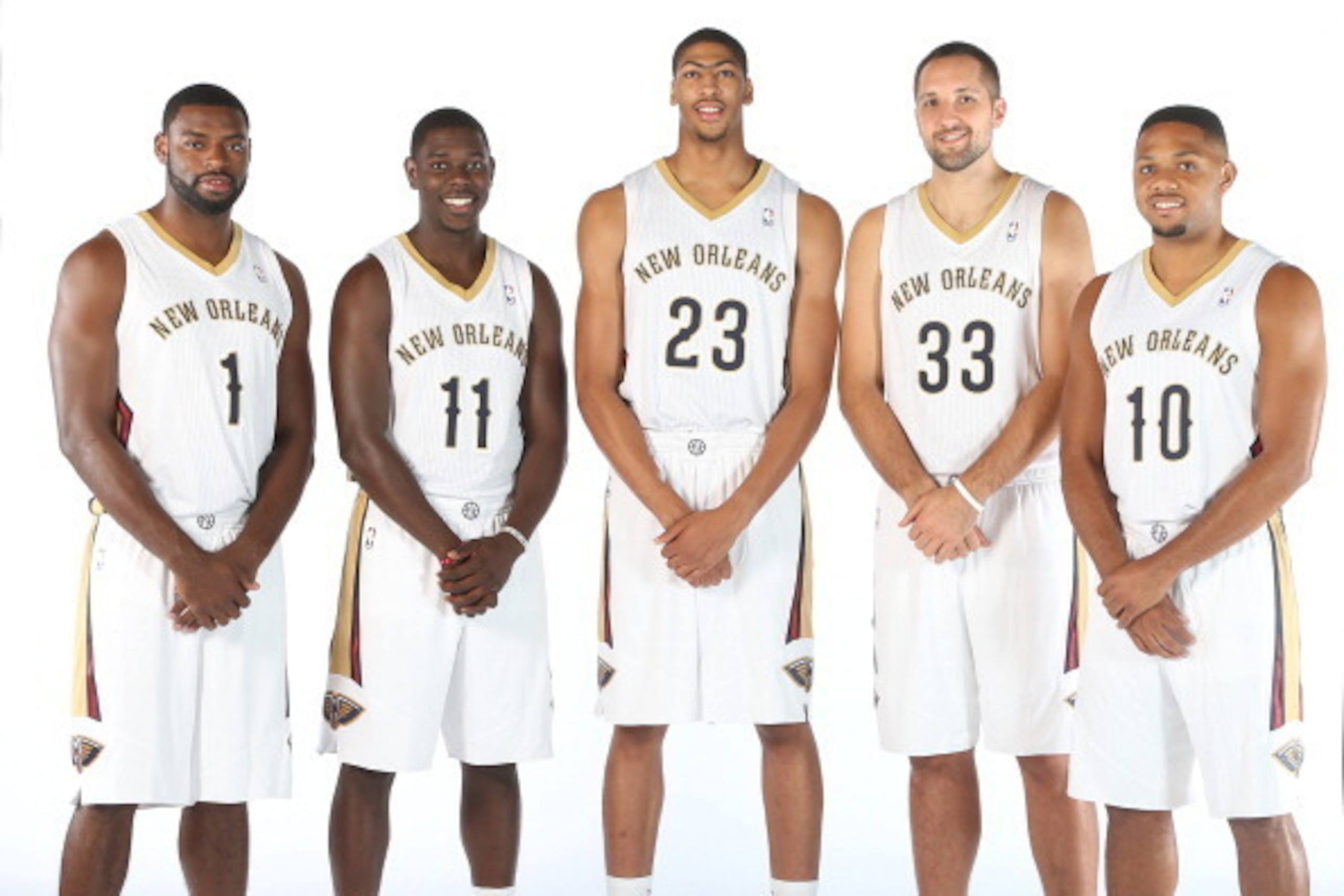 METAIRIE, LA - SEPTEMBER 30: Tyreke Evans #1 Jrue Holiday #11, Anthony Davis #23, Ryan Anderson #33 and Eric Gordon #10 of The New Orleans Pelicans pose for photos during NBA Media Day on September 30, 2013 at the New Orleans Pelicans practice facility in
