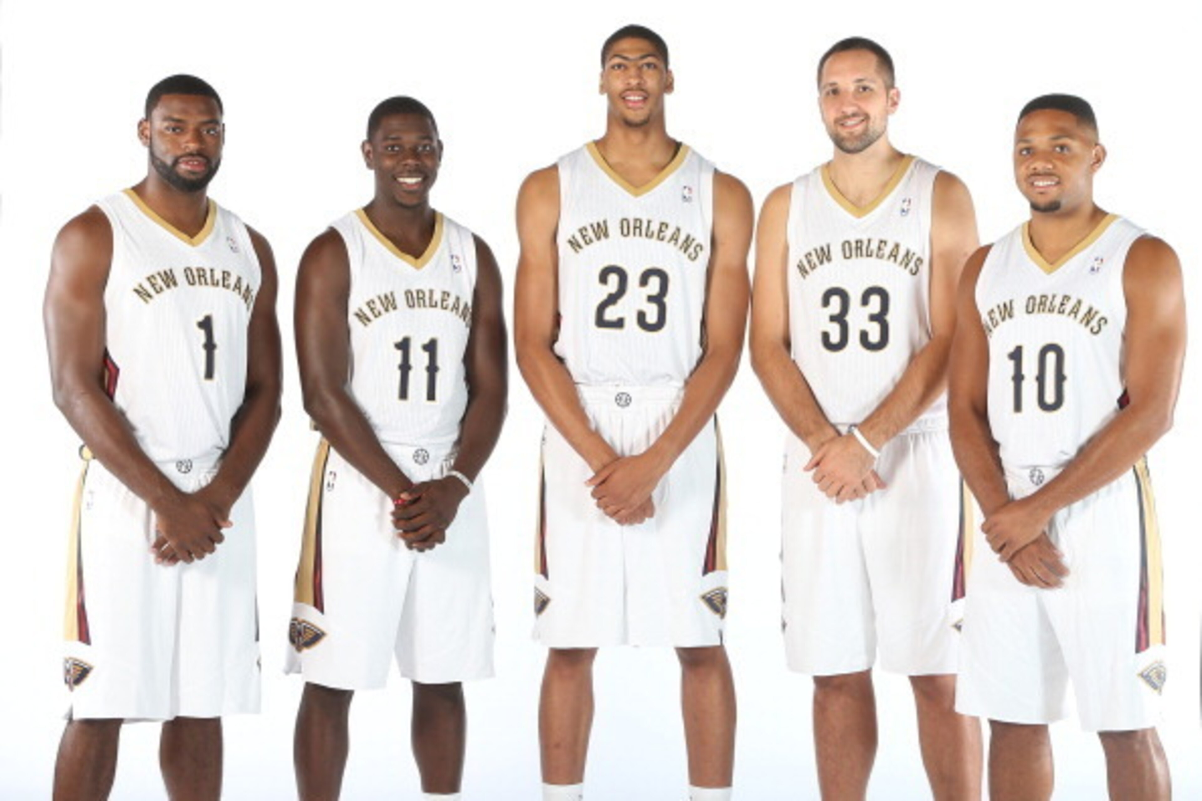 METAIRIE, LA - SEPTEMBER 30: Tyreke Evans #1 Jrue Holiday #11, Anthony Davis #23, Ryan Anderson #33 and Eric Gordon #10 of The New Orleans Pelicans pose for photos during NBA Media Day on September 30, 2013 at the New Orleans Pelicans practice facility in