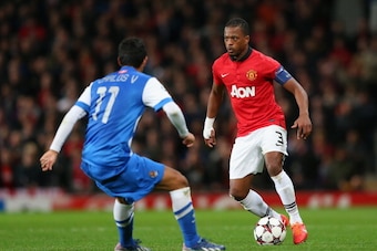 MANCHESTER, ENGLAND - OCTOBER 23:  Patrice Evra of Manchester United in action during the UEFA Champions League Group A match between Manchester United and Real Sociedad at Old Trafford on October 23, 2013 in Manchester, England.  (Photo by Alex Livesey/G