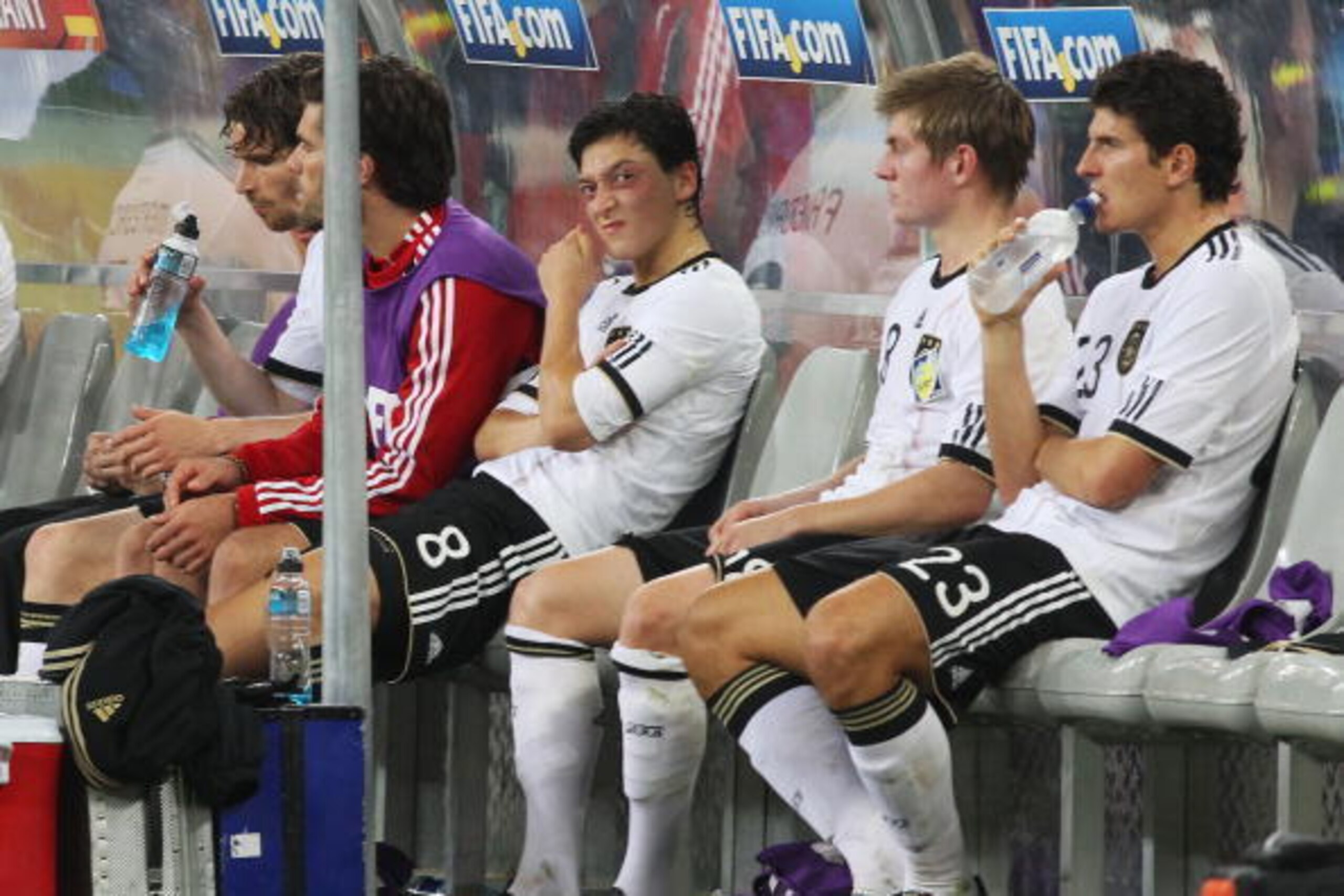 DURBAN, SOUTH AFRICA - JULY 07:  Mesut Oezil (C) of Germany and team mates show their dejection after being knocked out of the competition during the 2010 FIFA World Cup South Africa Semi Final match between Germany and Spain at Durban Stadium on July 7, 