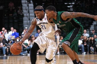 CEDAR PARK, TX - APRIL 2: Rashad McCants #21 of the Texas Legends drives around Aubrey Coleman #6 of the Austin Toros on April 2, 2011 at the Cedar Park Center in Cedar Park, Texas. NOTE TO USER: User expressly acknowledges and agrees that, by downloading
