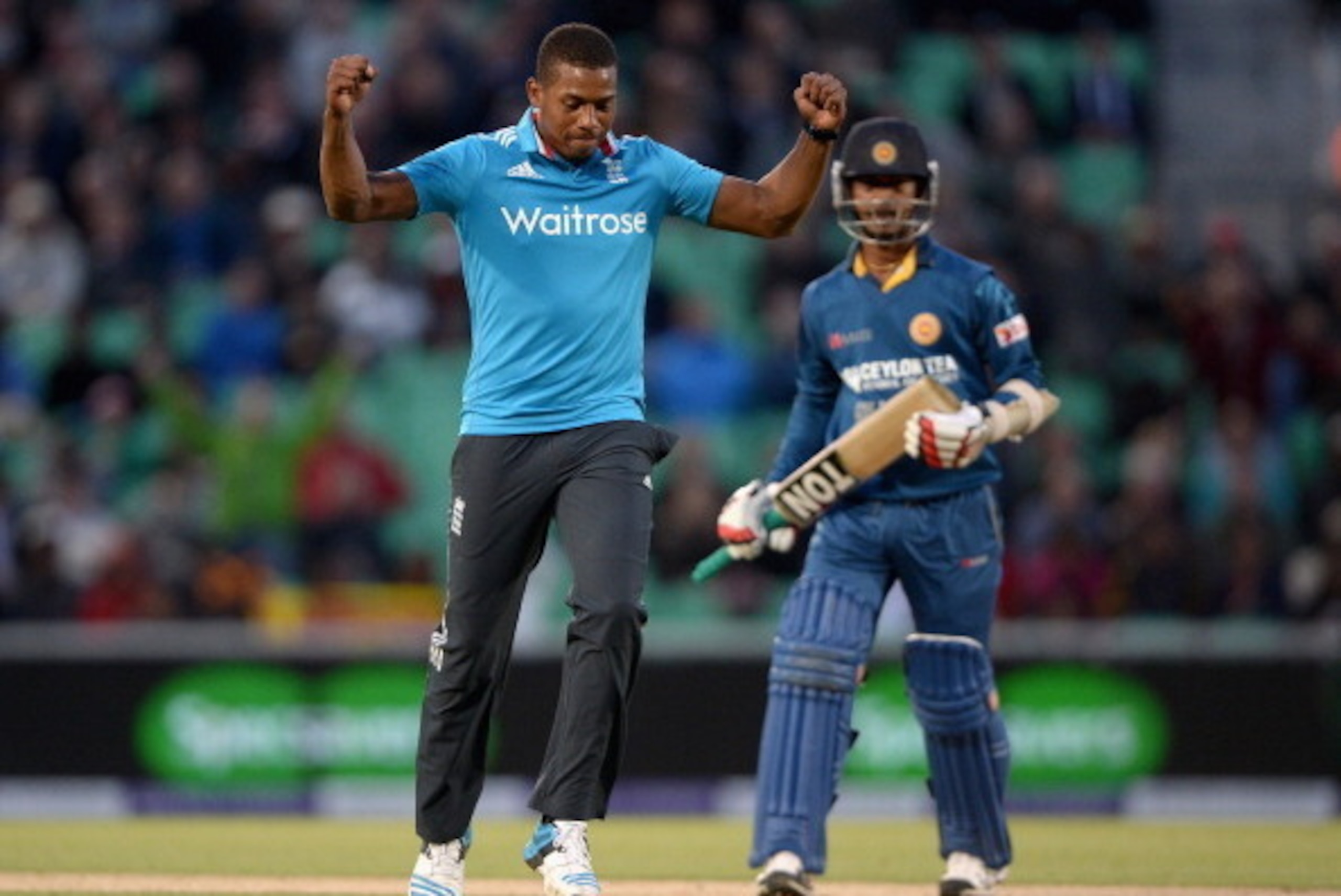 LONDON, ENGLAND - MAY 22: Chris Jordan of England celebrates dismissing Nuwan Kulasekara of Sri Lanka during the 1st Royal London One Day International match between England and Sri Lanka at The Kia Oval on May 22, 2014 in London, England. (Photo by Gar LONDON, ENGLAND - MAY 22: Chris Jordan of England celebrates dismissing Nuwan Kulasekara of Sri Lanka during the 1st Royal London One Day International match between England and Sri Lanka at The Kia Oval on May 22, 2014 in London, England. (Photo by Gar