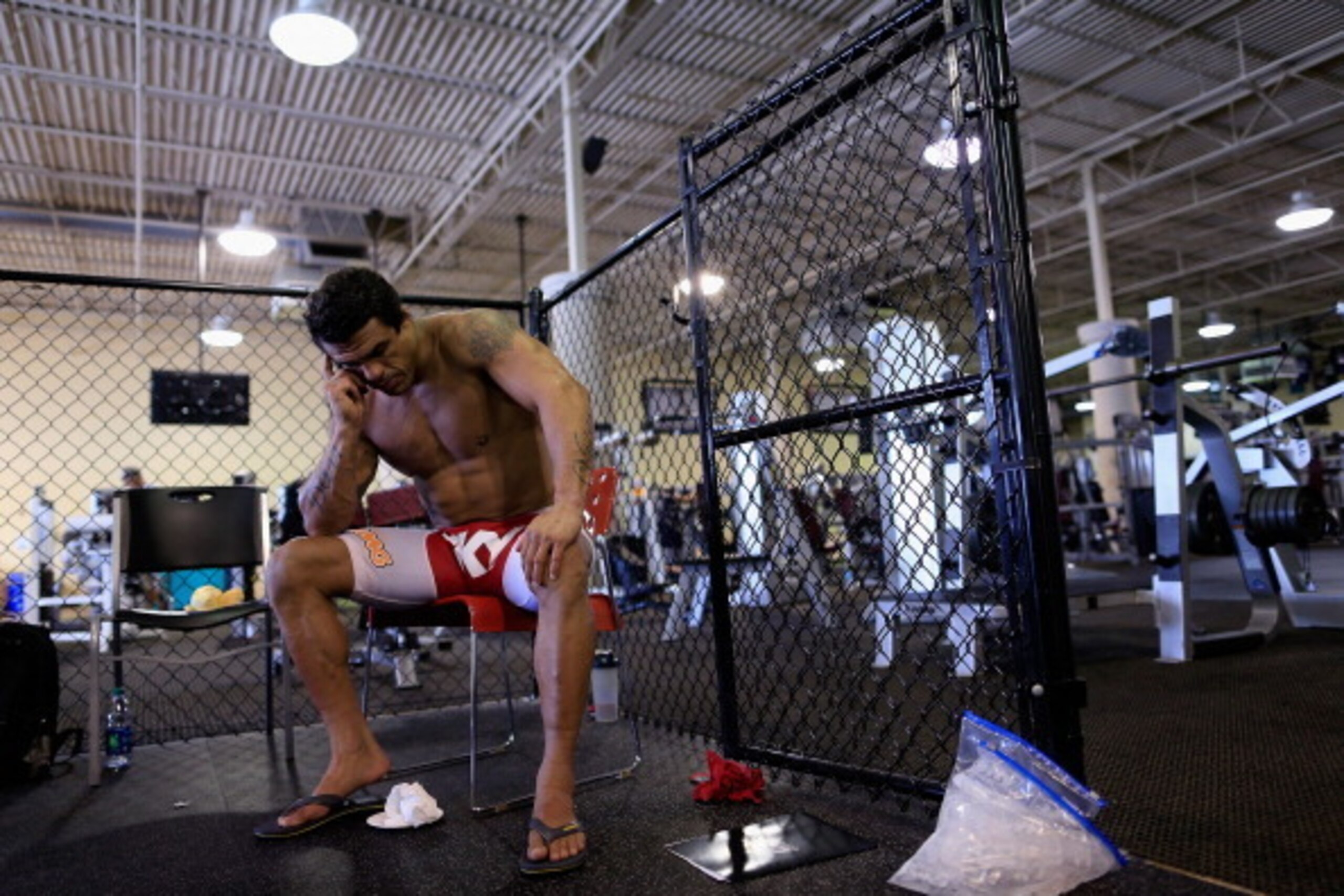 DELRAY BEACH, FL - SEPTEMBER 17:  Vitor Belfort gives a phone interview following a workout at the Jaco Hybrid Training Center on September 17, 2012 in Delray Beach, Florida. Belfort will fight Jon Jones on September 22, 2012 at UFC 152 in Toronto, Canada