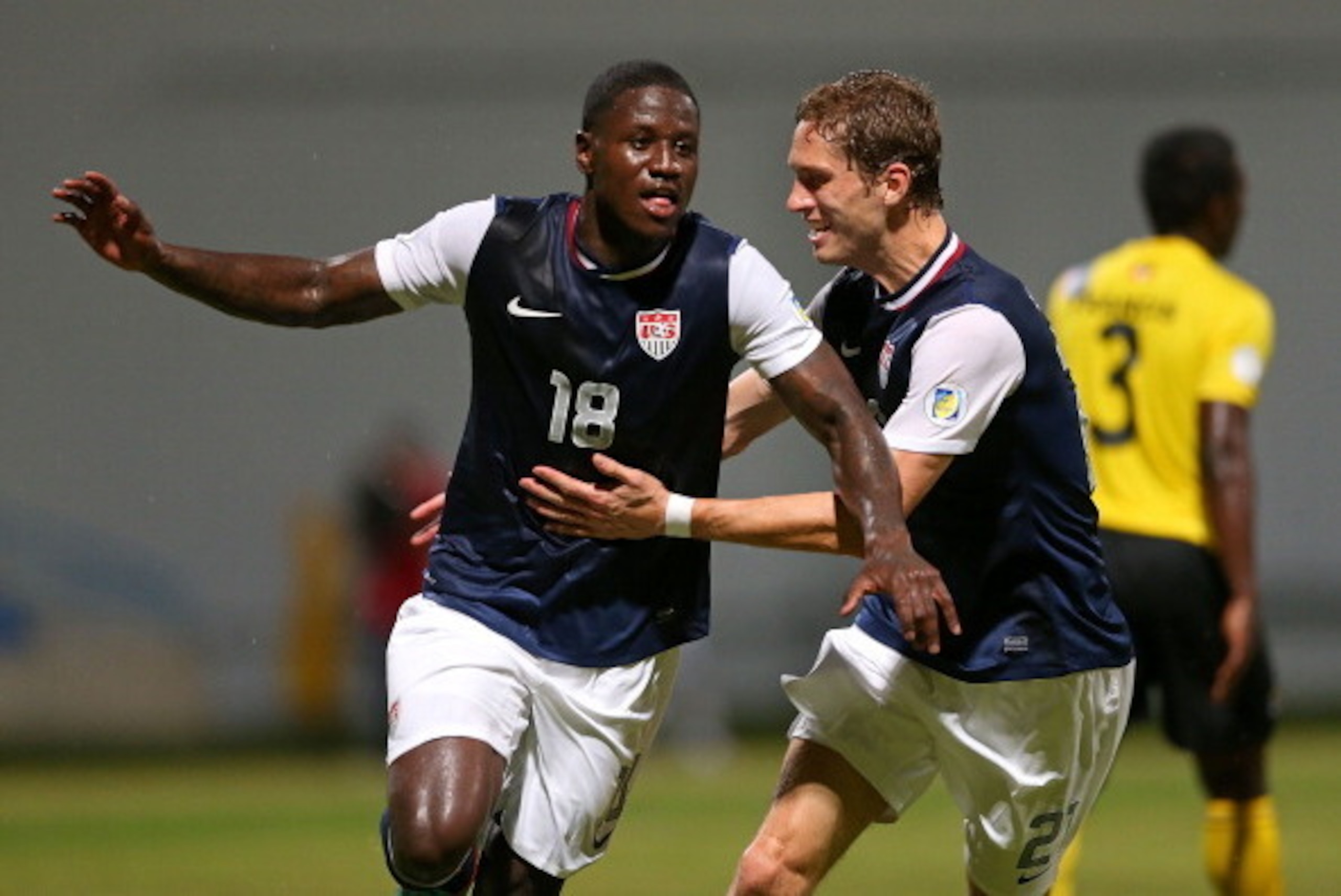 ANTIGUA, ANTIGUA AND BARBUDA - OCTOBER 12:  Eddie Johnson #18 of the United States celebrates scoring a goal during a World Cup Qualifying game against Antigua and Barbuda at Sir Vivian Richards Stadium on October 12, 2012 in Antigua, Antigua and Barbuda.