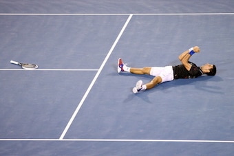 MELBOURNE, AUSTRALIA - JANUARY 29:  Novak Djokovic of Serbia celebrates winning championship point in his men's final match against Rafael Nadal of Spain during day fourteen of the 2012 Australian Open at Melbourne Park on January 29, 2012 in Melbourne, A