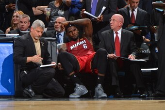SAN ANTONIO, TX - JUNE 5: LeBron James #6 of the Miami Heat rests on the bench in the game against the San Antonio Spurs in Game One of the 2014 NBA Finals on June 5, 2014 at AT&T Center in San Antonio, Texas. NOTE TO USER: User expressly acknowledges and