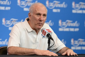 SAN ANTONIO, TX JUNE 6: Gregg Popovich, head coach of the San Antonio Spurs addresses the media during media availability as part of the 2014 NBA Finals on June 6, 2014 at the Spurs Practice Facility in San Antonio, Texas. NOTE TO USER: User expressly ack