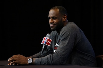 SAN ANTONIO, TX - JUNE 06:  LeBron James #6 of the Miami Heat speaks to the media on a practice day following Game One of the 2014 NBA Finals against the San Antonio Spurs at the Spurs Practice Facility on June 6, 2014 in San Antonio, Texas. NOTE TO USER: