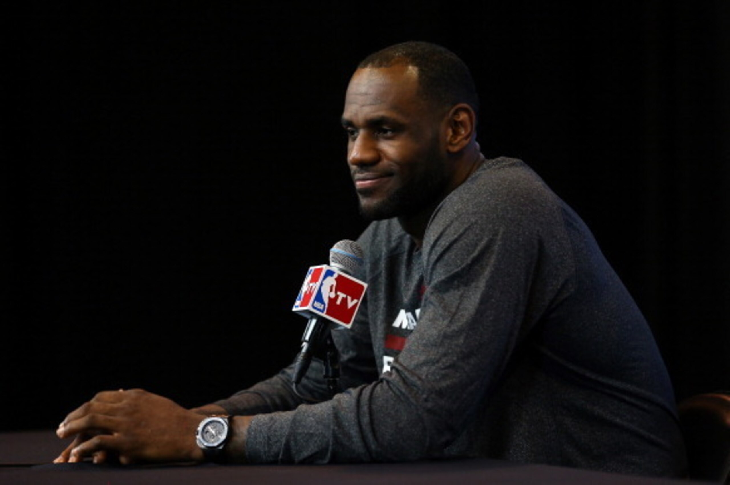 SAN ANTONIO, TX - JUNE 06:  LeBron James #6 of the Miami Heat speaks to the media on a practice day following Game One of the 2014 NBA Finals against the San Antonio Spurs at the Spurs Practice Facility on June 6, 2014 in San Antonio, Texas. NOTE TO USER: