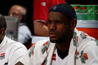 LAS VEGAS - AUGUST 27:  LeBron James #6 of the USA Men's Senior National Team takes a rest on the bench during the second round of the 2007 FIBA Americas Championship against Mexico at the Thomas and Mack Center on August 27, 2007 in Las Vegas, Nevada.  U