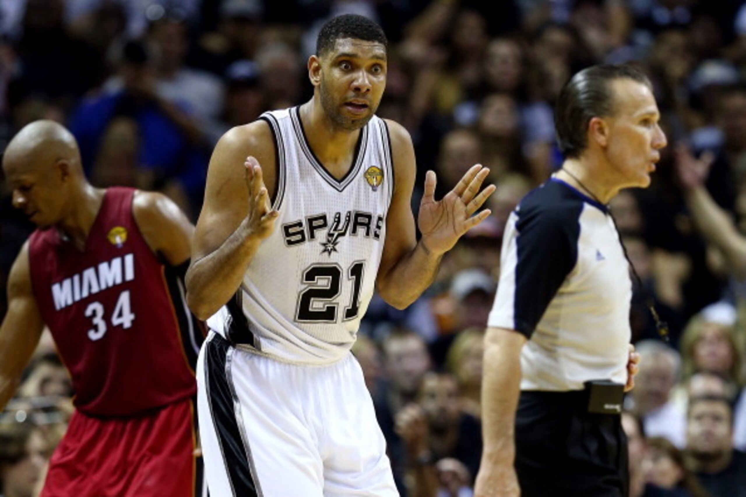 SAN ANTONIO, TX - JUNE 05: Tim Duncan #21 of the San Antonio Spurs reacts to a call during Game One of the 2014 NBA Finals against the Miami Heat at the AT&T Center on June 5, 2014 in San Antonio, Texas. NOTE TO USER: User expressly acknowledges and agree