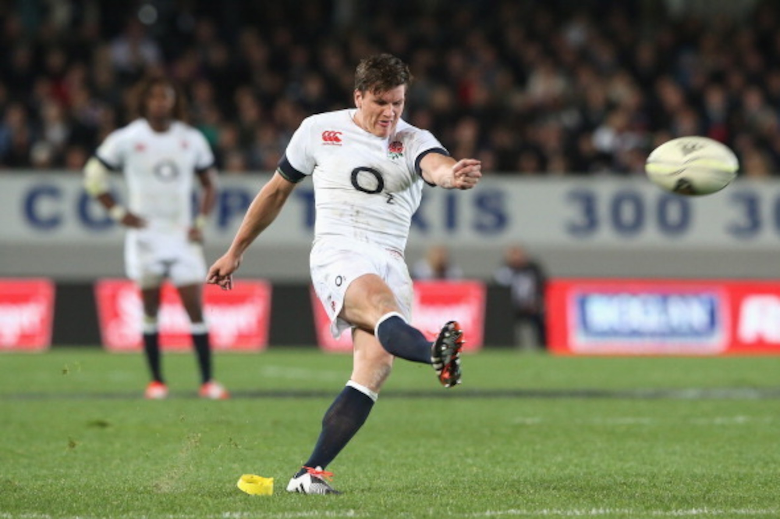 AUCKLAND, NEW ZEALAND - JUNE 07:  Freddie Burns of England kicks a penalty during the International Test Match between the New Zealand All Blacks and England at Eden Park on June 7, 2014 in Auckland, New Zealand.  (Photo by David Rogers/Getty Images)