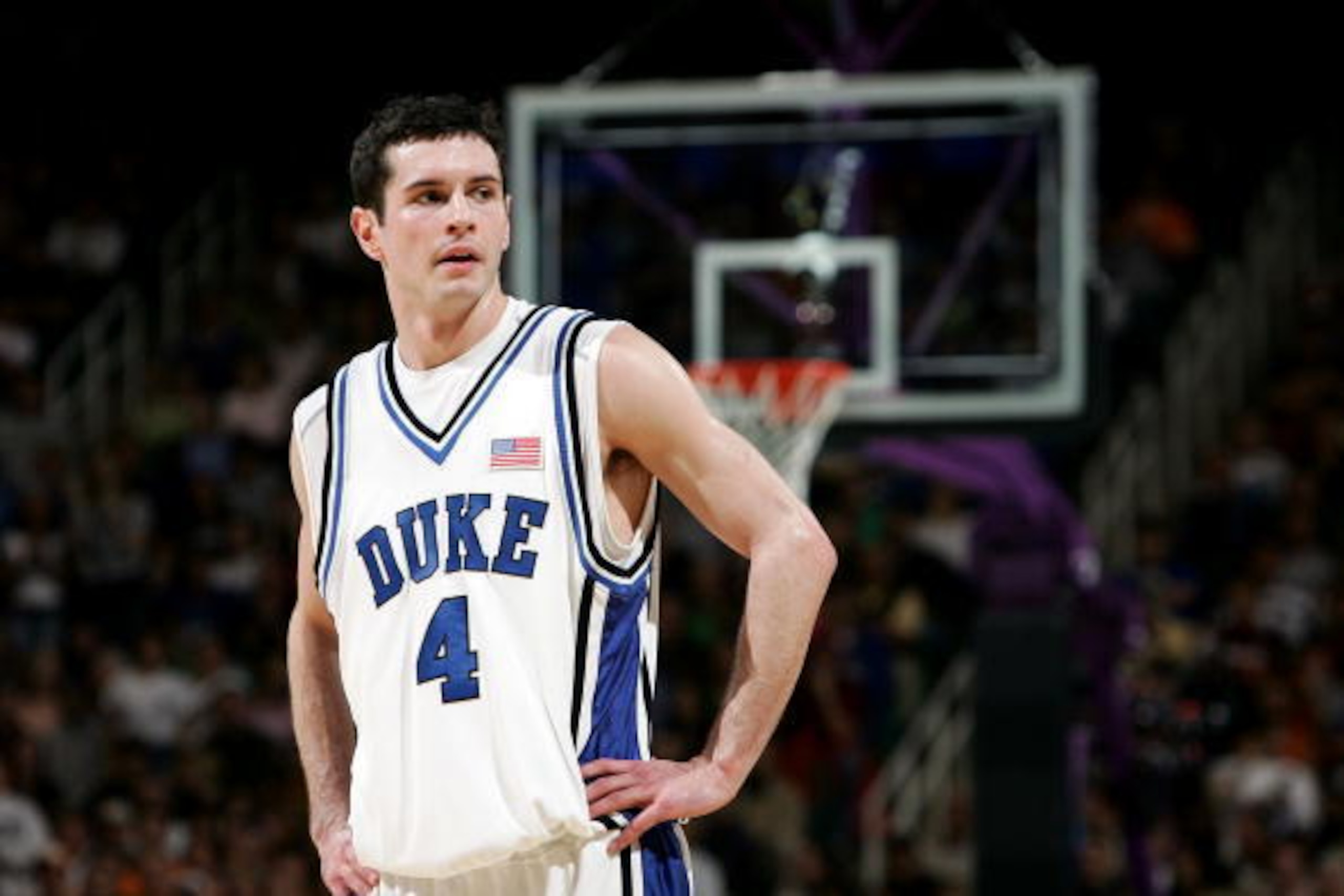 GREENSBORO, NC - MARCH 18:  J.J. Redick #4 of the Duke Blue Devils looks on in the second half against the George Washington Colonials during the Second Round of the 2006 NCAA Men's Basketball Tournament on March 18, 2006 at the Greensboro Coliseum in Gre