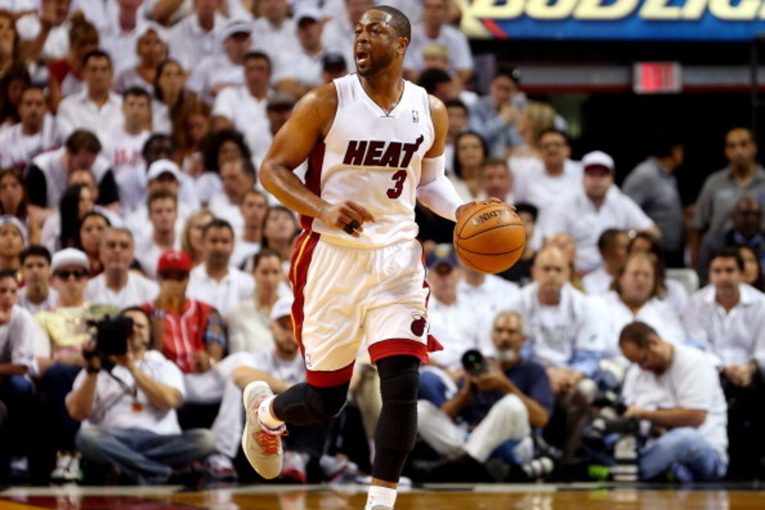 MIAMI, FL - MAY 26:  Dwyane Wade #3 of the Miami Heat brings the ball up the floor against the Indiana Pacers during Game Four of the Eastern Conference Finals of the 2014 NBA Playoffs at American Airlines Arena on May 26, 2014 in Miami, Florida. NOTE TO 