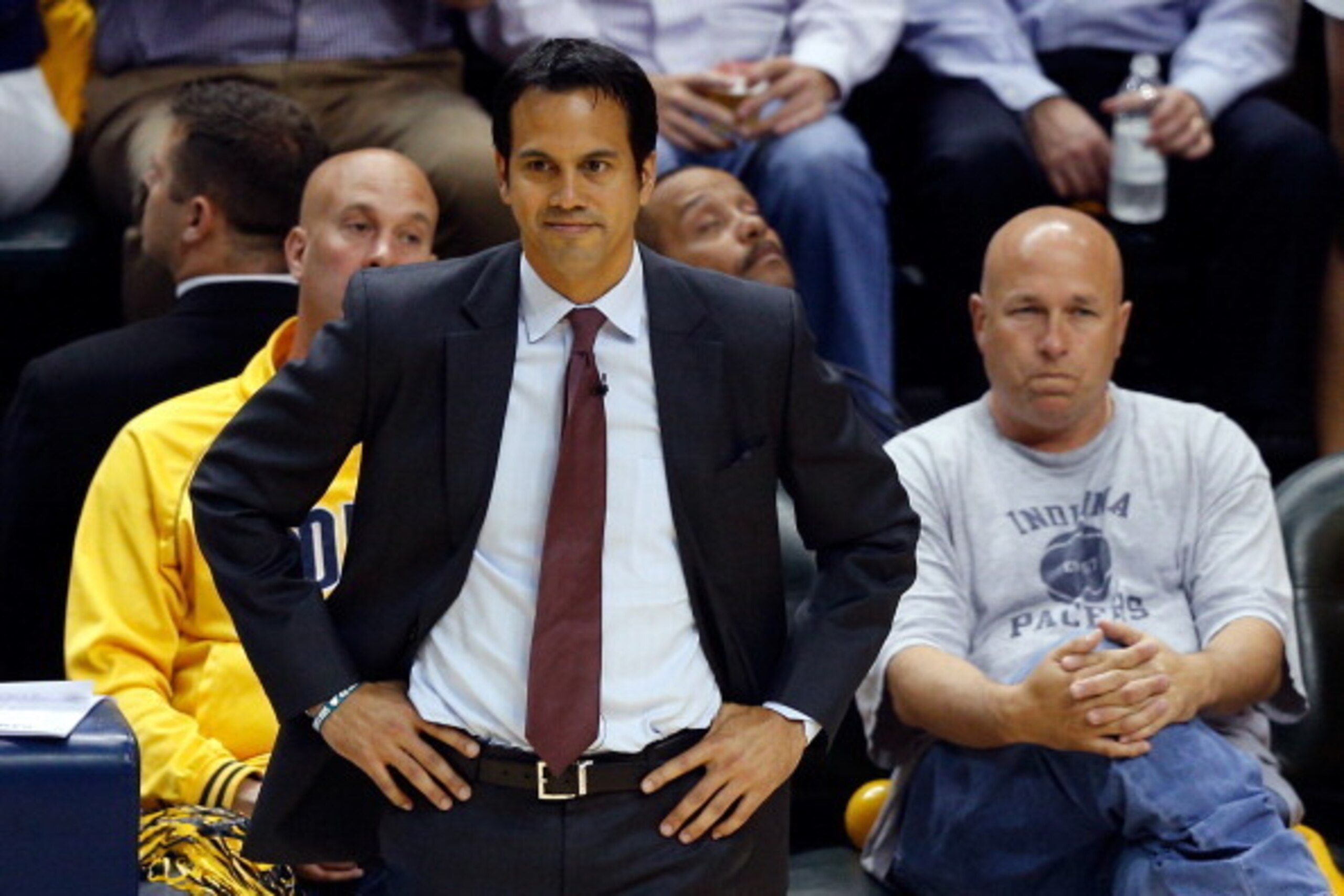 INDIANAPOLIS, IN - MAY 28: Erik Spoelstra of the Miami Heat looks on against the Indiana Pacers during Game Five of the Eastern Conference Finals of the 2014 NBA Playoffs at Bankers Life Fieldhouse on May 28, 2014 in Indianapolis, Indiana. NOTE TO USER: U