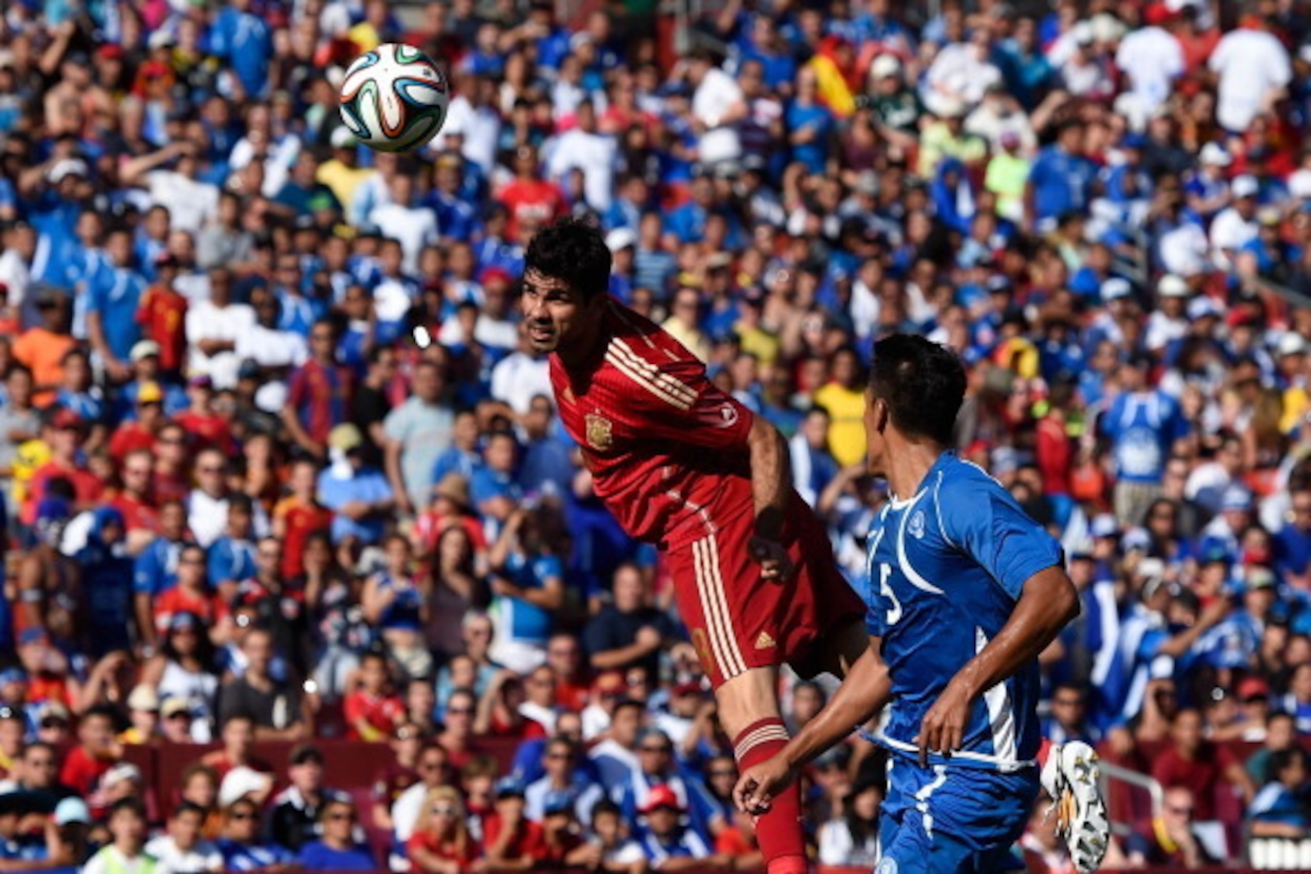 LANDOVER, MD - JUNE 07:  Diego Costa of Spain heads the ball towards goal during an international friendly match between El Salvador and Spain at FedExField on June 7, 2014 in Landover, Maryland.  (Photo by David Ramos/Getty Images)