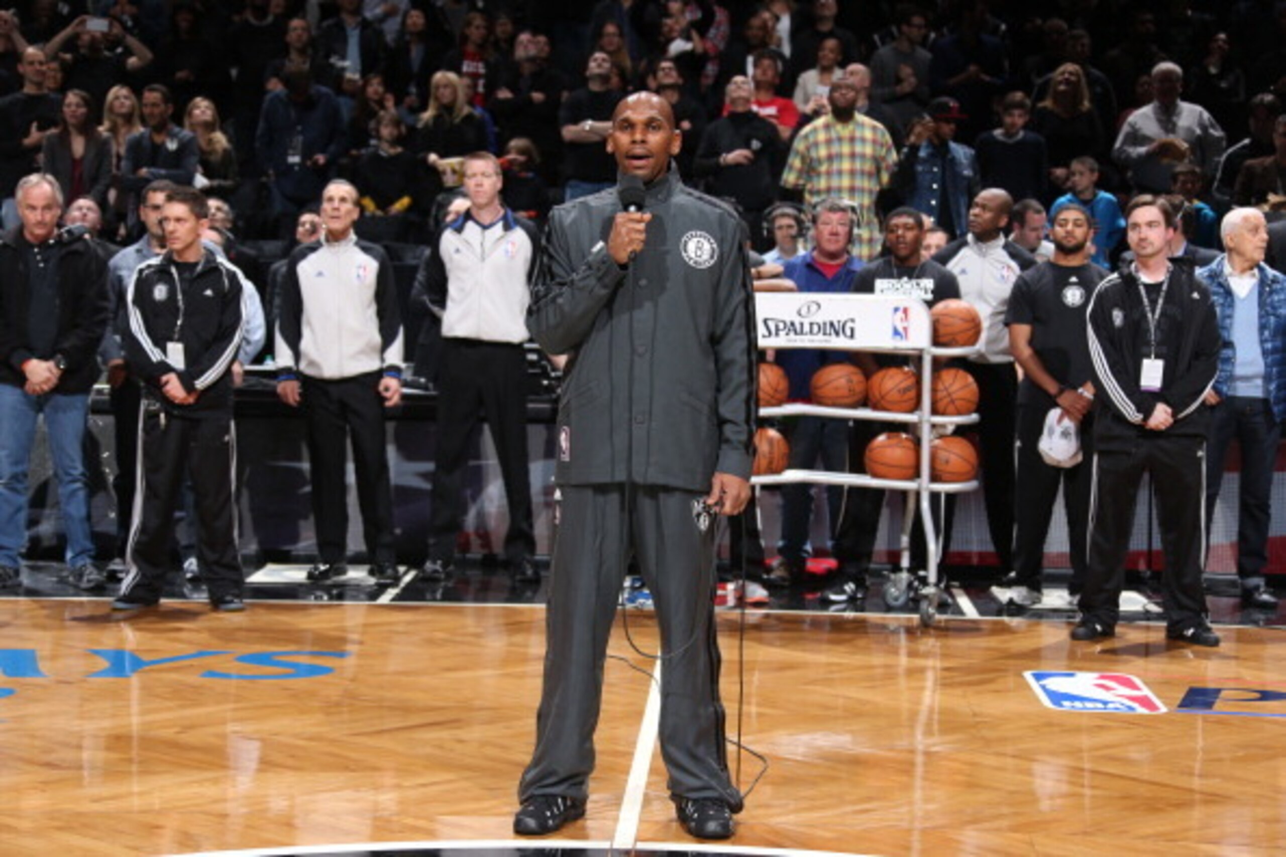 BROOKLYN, NY - APRIL 20: Jerry Stackhouse #42 of the Brooklyn Nets sings the National Anthem before Game One of the Eastern Conference Quarterfinals against the Chicago Bulls during the 2013 NBA Playoffs on April 20 at the Barclays Center in the Brooklyn BROOKLYN, NY - APRIL 20: Jerry Stackhouse #42 of the Brooklyn Nets sings the National Anthem before Game One of the Eastern Conference Quarterfinals against the Chicago Bulls during the 2013 NBA Playoffs on April 20 at the Barclays Center in the Brooklyn
