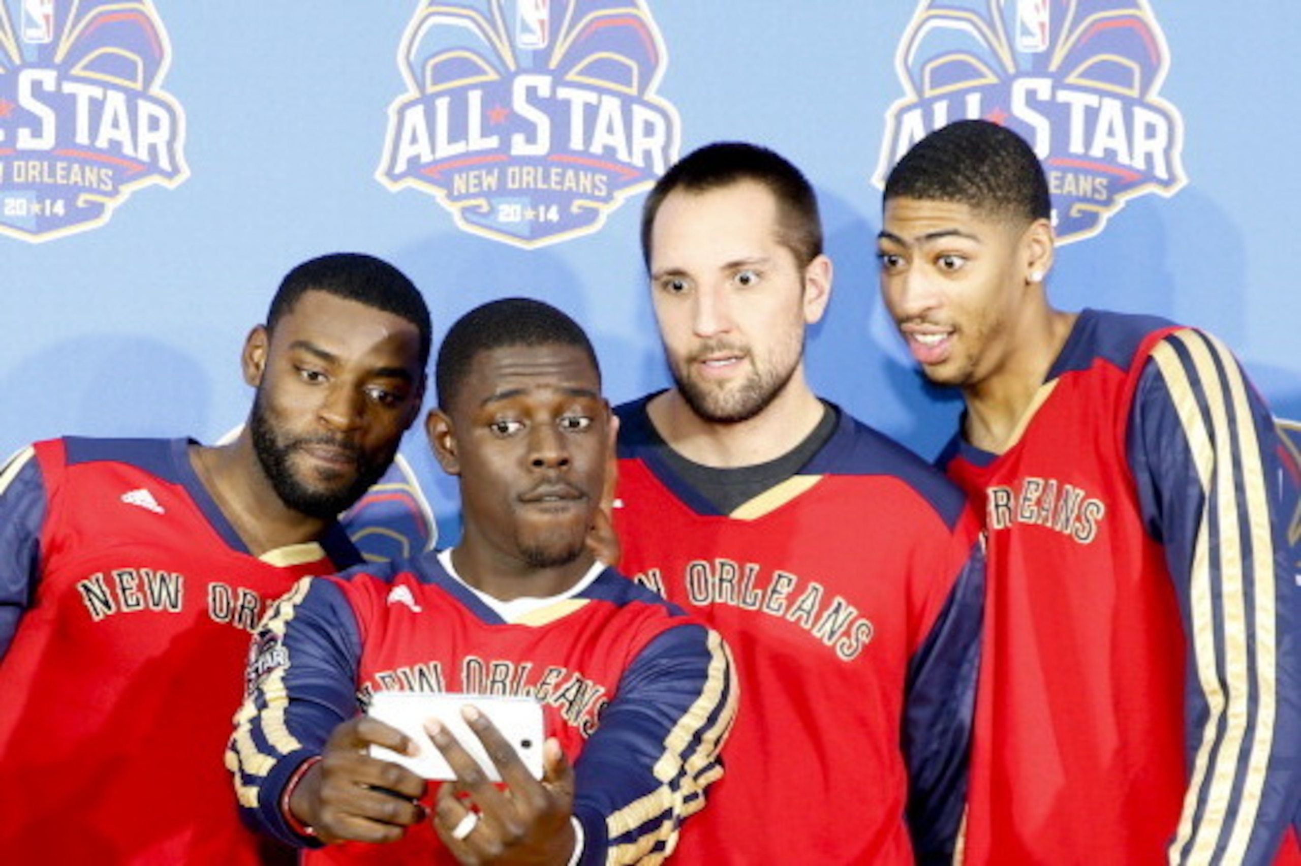 METAIRIE, LA - NOVEMBER 15:  Tyreke Evans #1, Jrue Holiday #11, Ryan Anderson #33 and Anthony Davis #23 of the New Orleans Pelicans attends an All-Star lineup to unveil the official NBA All-Star Ballot 2014 presented by Sprint on Friday, November 15 at th