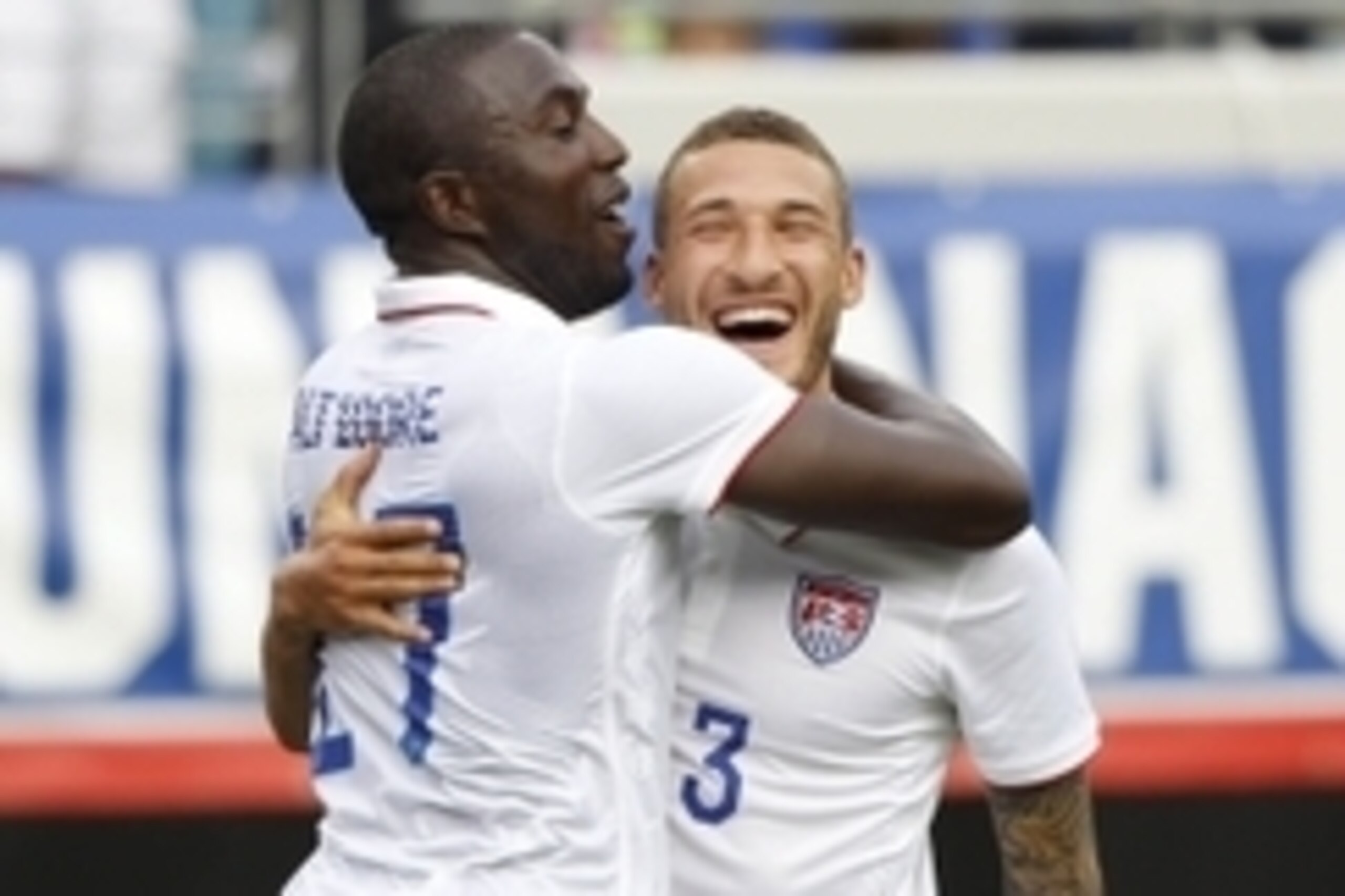 Jun 7, 2014; Jacksonville, FL, USA; United States forward Jozy Altidore (17) is congratulated by defender Fabian Johnson (23) after Altidore scored against the Nigeria at EverBank Field. Mandatory Credit: Kim Klement-USA TODAY Sports
