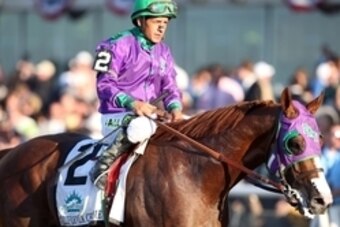 Jun 7, 2014; Elmont, NY, USA; Victor Espinoza aboard California Chrome (2) looks on after finishing tied for fourth in the 2014 Belmont Stakes at Belmont Park. Mandatory Credit: Brian Spurlock-USA TODAY Sports