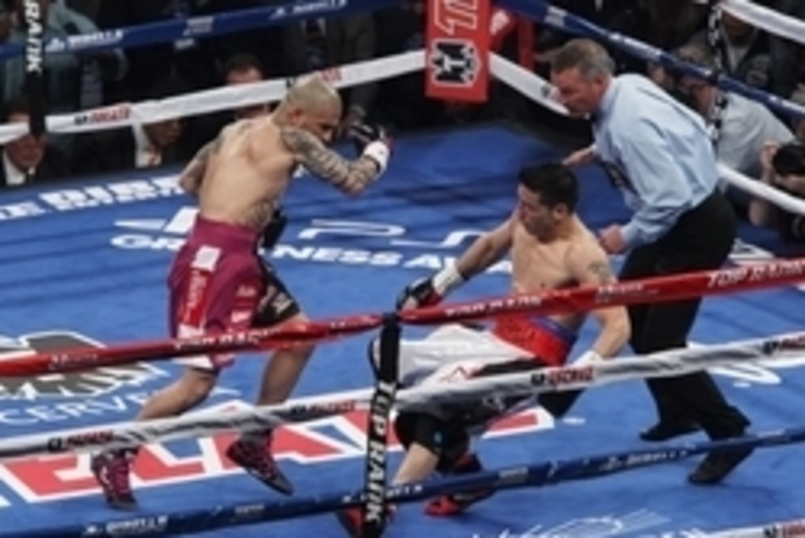 Jun 7, 2014; New York, NY, USA;   Sergio Martinez goes down after a punch from Miguel Cotto in the first round of WBC World Middleweight fight at Madison Square Garden.  Migul Cotto won by TKO. Mandatory Credit: Noah K. Murray-USA TODAY Sports