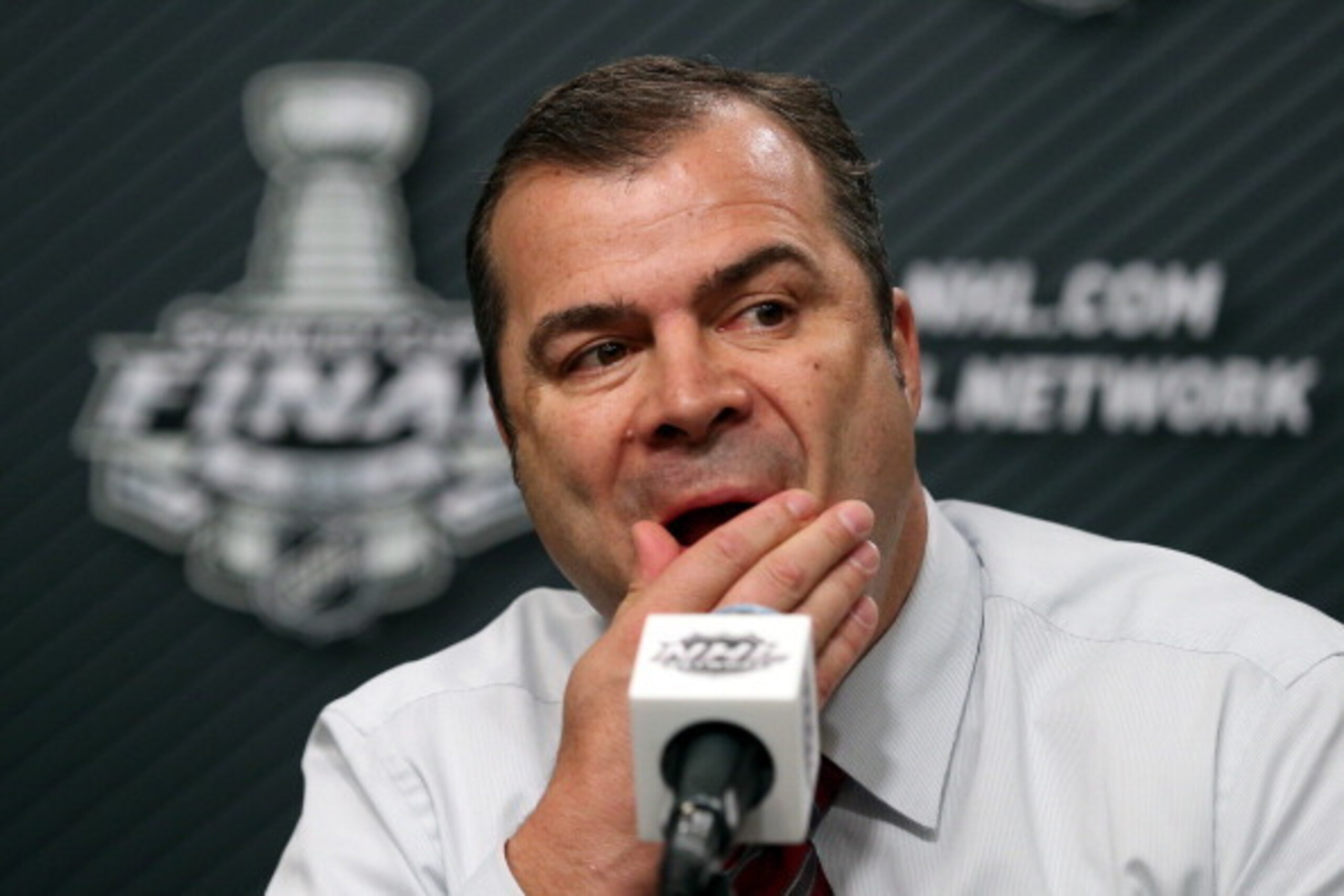 LOS ANGELES, CA - JUNE 07:  Head coach Alain Vigneault of the New York Rangers reacts while answering questions after the Los Angeles Kings 5-4 double-overtime victory in Game Two of the 2014 NHL Stanley Cup Final at the Staples Center on June 7, 2014 in 