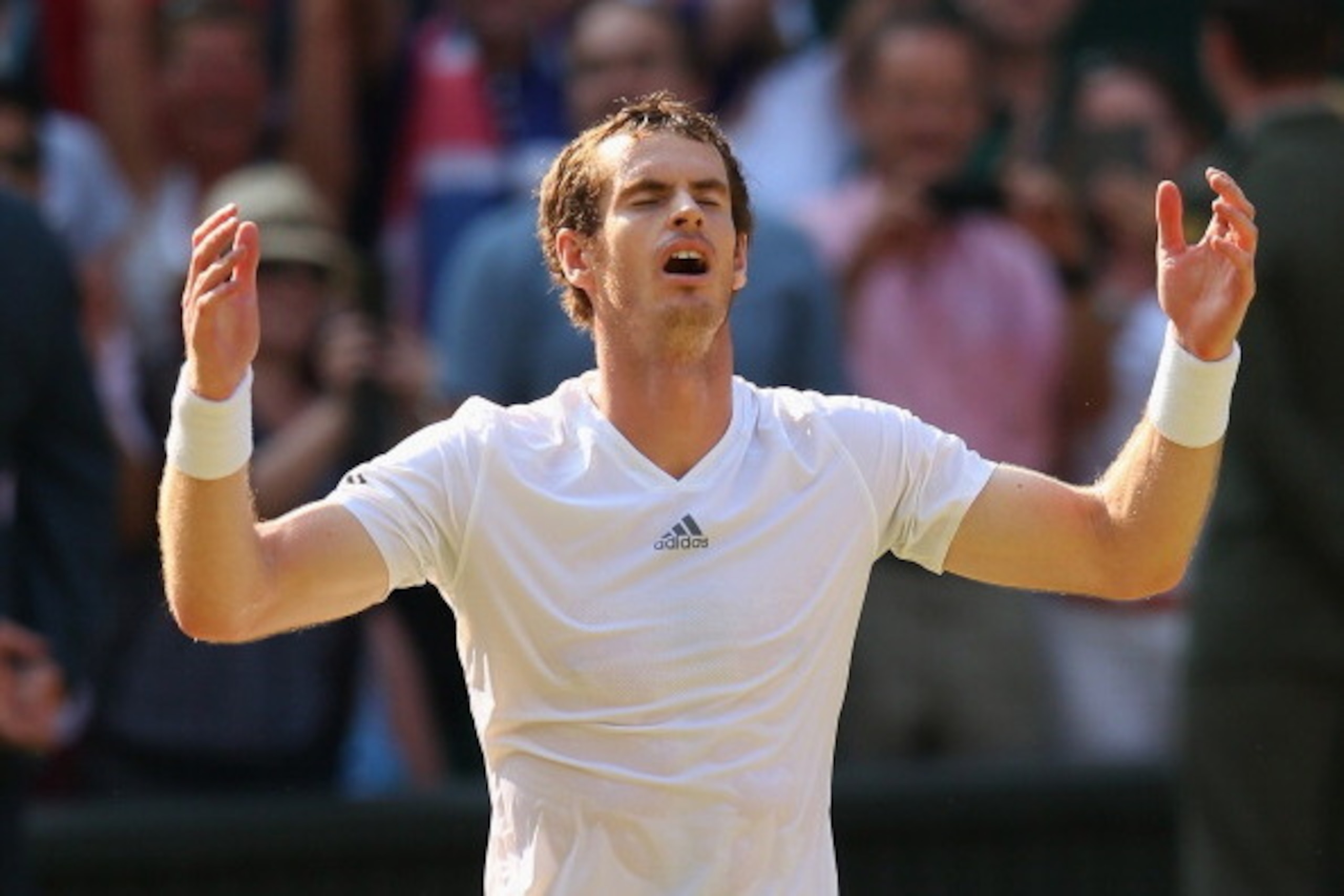 LONDON, ENGLAND - JULY 07:  Andy Murray of Great Britain reacts following his victory in the Gentlemen's Singles Final match against Novak Djokovic of Serbia on day thirteen of the Wimbledon Lawn Tennis Championships at the All England Lawn Tennis and Cro