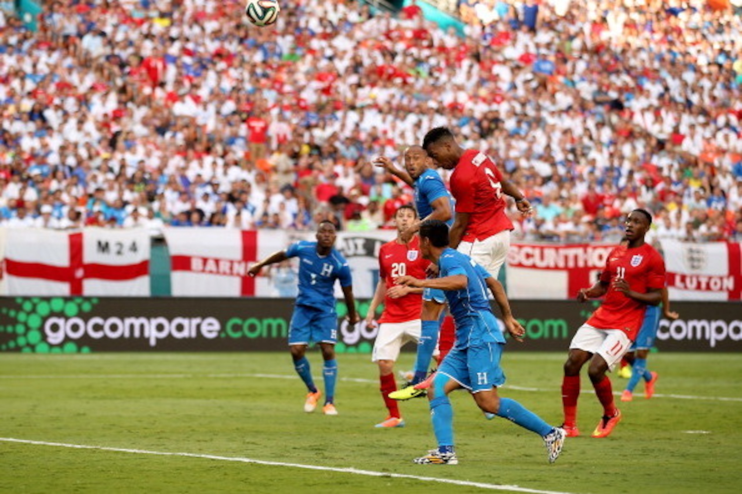 MIAMI GARDENS, FL - JUNE 07:  Daniel Sturridge of England heads over the bar during the International Friendly match between England and Honduras at the Sun Life Stadium on June 7, 2014 in Miami Gardens, Florida.  (Photo by Richard Heathcote/Getty Images)