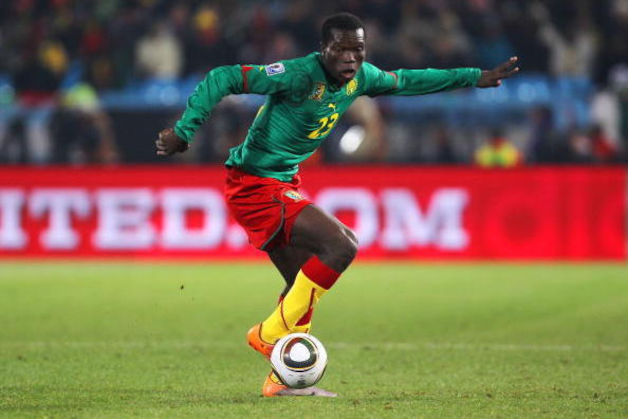 PRETORIA, SOUTH AFRICA - JUNE 19:  Vincent Aboubakar of Cameroon runs with the ball during the 2010 FIFA World Cup South Africa Group E match between Cameroon and Denmark at Loftus Versfeld Stadium on June 19, 2010 in Tshwane/Pretoria, South Africa.  (Pho