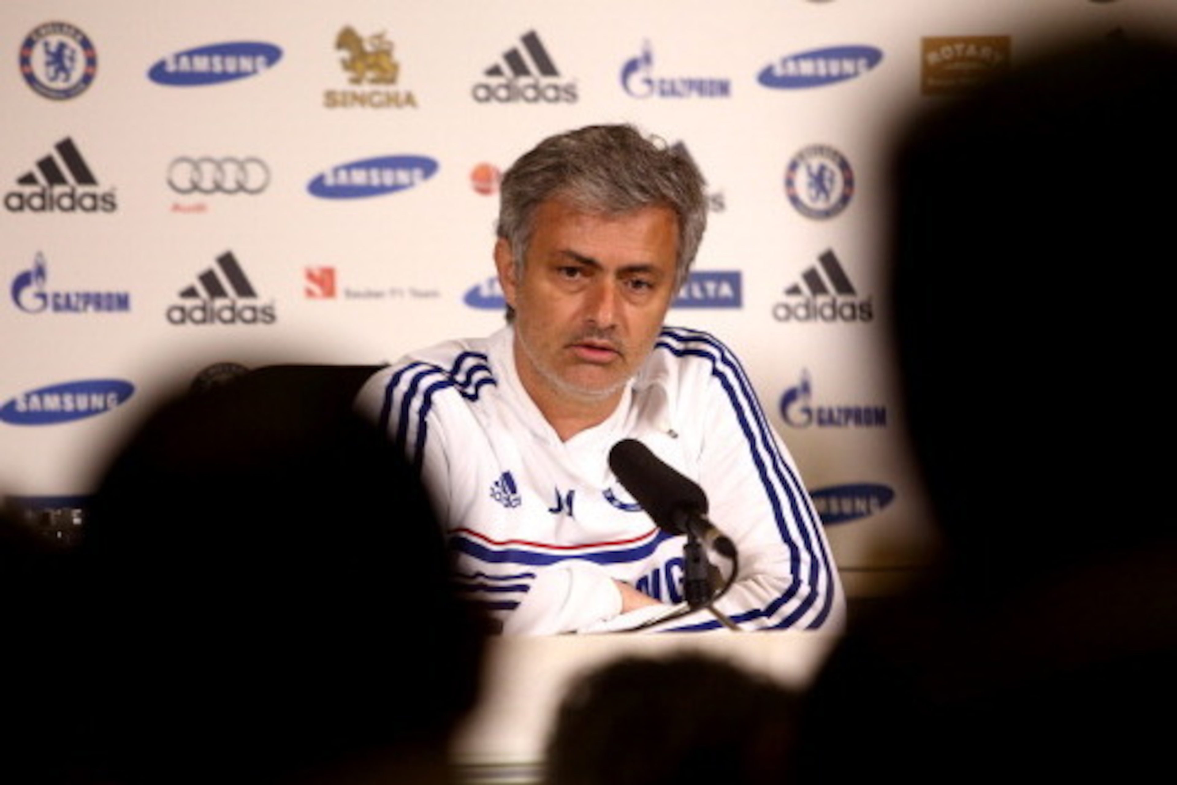 COBHAM, ENGLAND - MAY 02:  Chelsea Manager Jose Mourinho talks to the press at the Chelsea Training Ground on May 2, 2014 in Cobham, England.  (Photo by Jordan Mansfield/Getty Images)