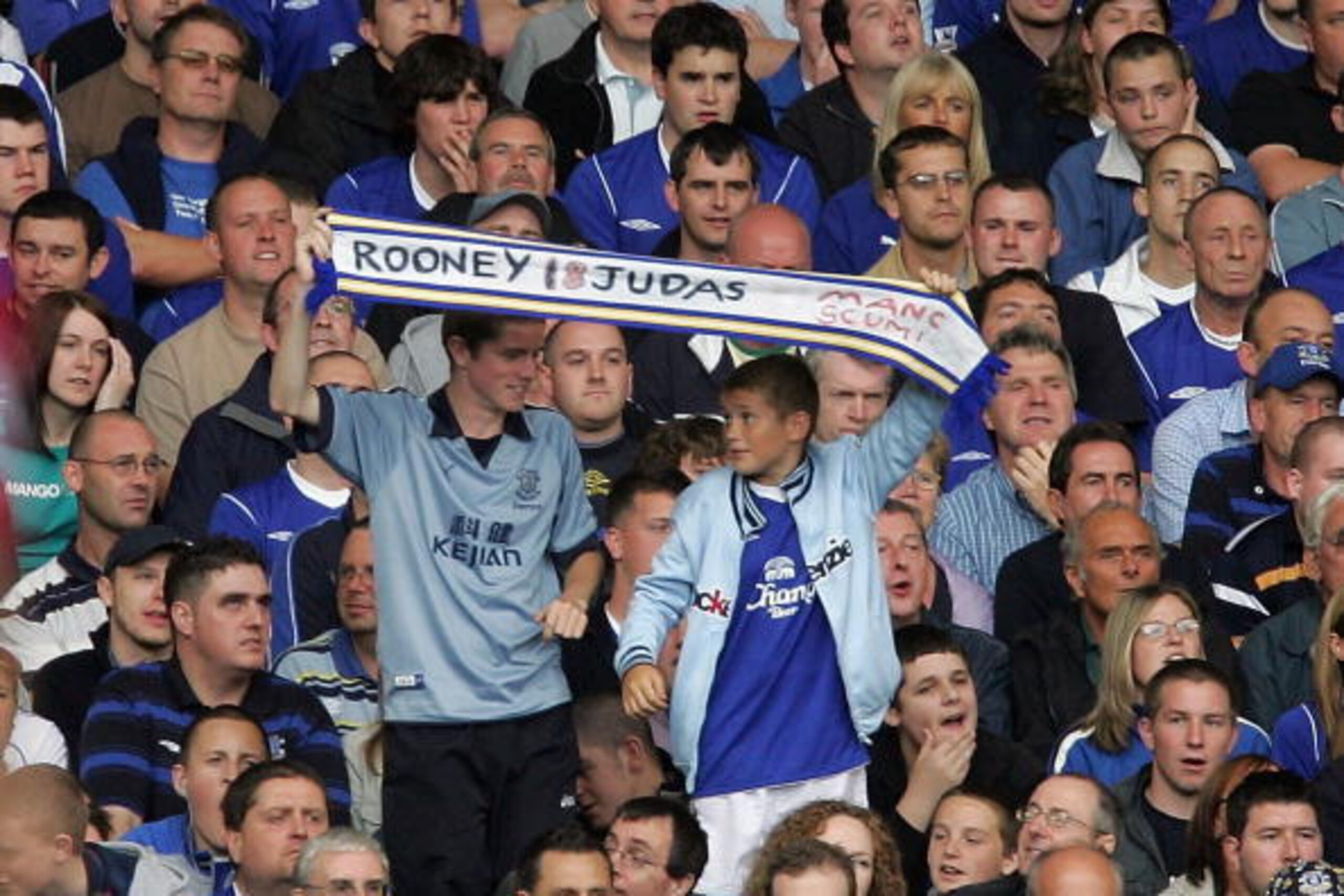 LIVERPOOL, ENGLAND - AUGUST 28: Everton fans hold up a banner protesting against Wayne Rooney during the Barclays Premiership match between Everton and West Bromwich Albion at Goodison Park on August 28, 2004 in Everton, England. (Photo by Alex Livesey/Ge