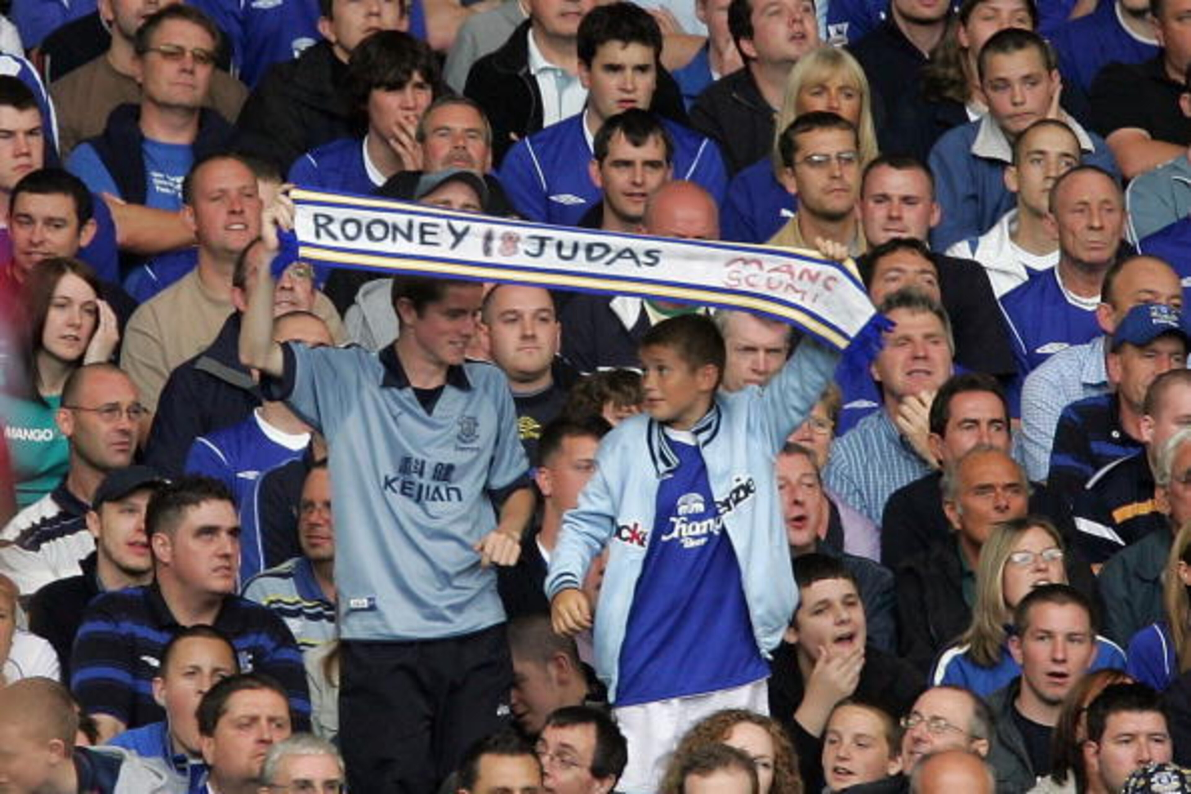 LIVERPOOL, ENGLAND - AUGUST 28: Everton fans hold up a banner protesting against Wayne Rooney during the Barclays Premiership match between Everton and West Bromwich Albion at Goodison Park on August 28, 2004 in Everton, England. (Photo by Alex Livesey/Ge