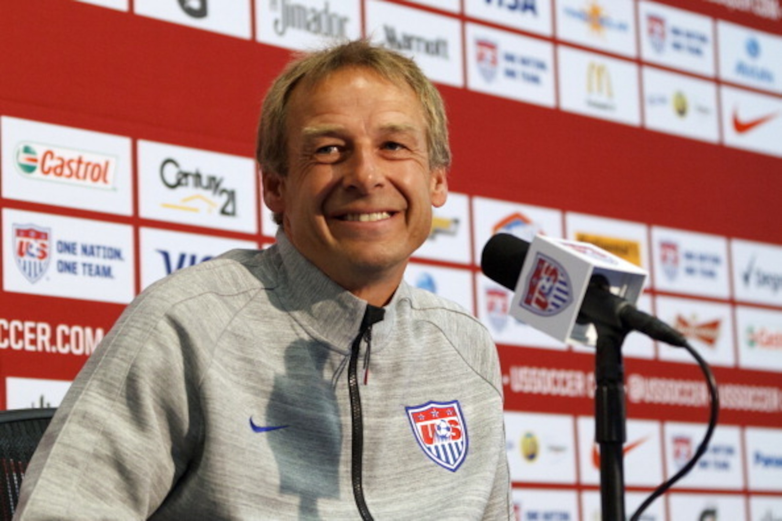 PALO ALTO, CA - MAY 23:  U.S. Men's National Soccer Team Head Coach Jurgen Klinsmann speaks during a press conference at Stanford University on May 23, 2014 in Palo Alto, California. Klinsmann held the press conference to answer questions about his World 