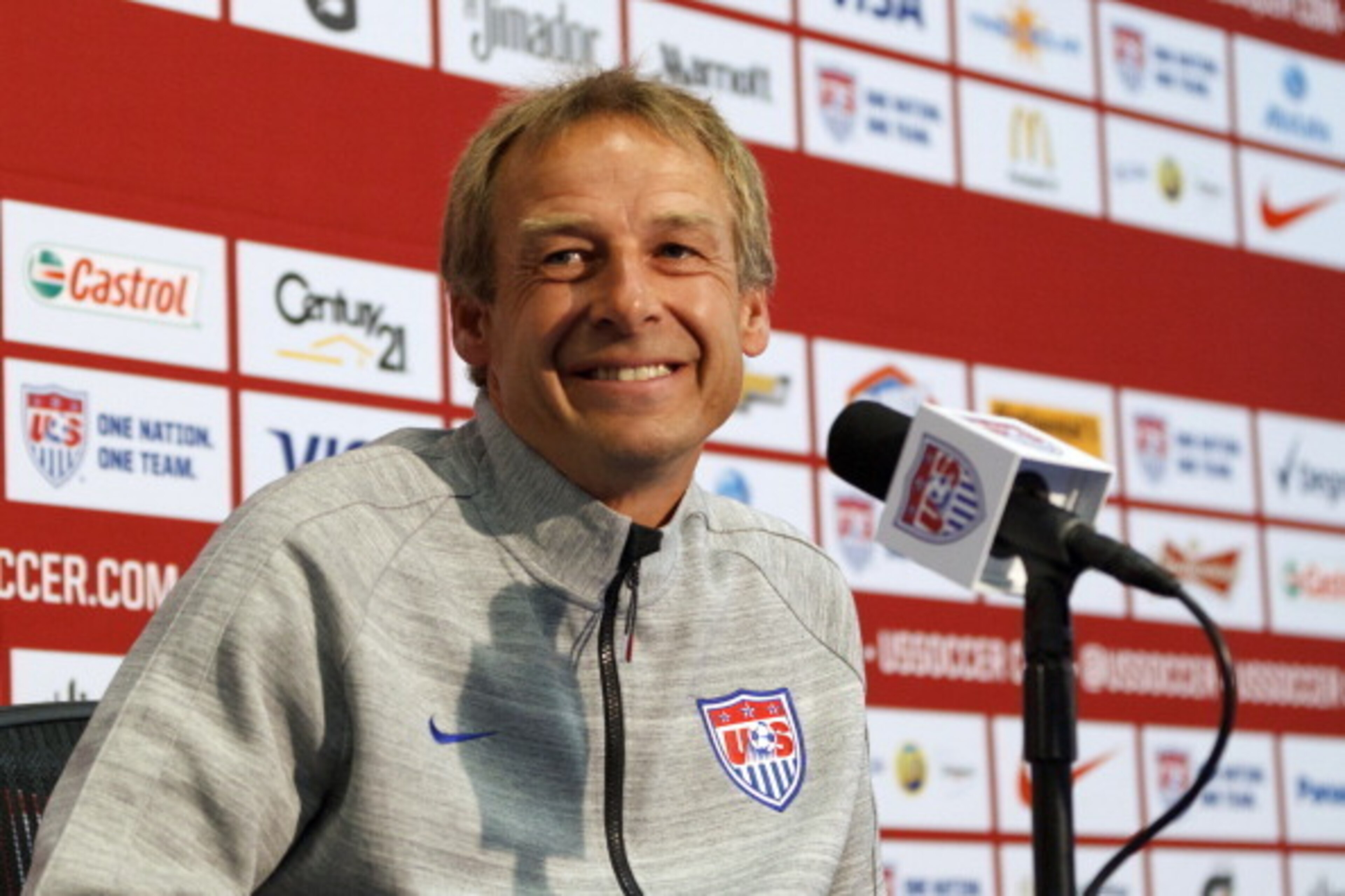 PALO ALTO, CA - MAY 23:  U.S. Men's National Soccer Team Head Coach Jurgen Klinsmann speaks during a press conference at Stanford University on May 23, 2014 in Palo Alto, California. Klinsmann held the press conference to answer questions about his World 