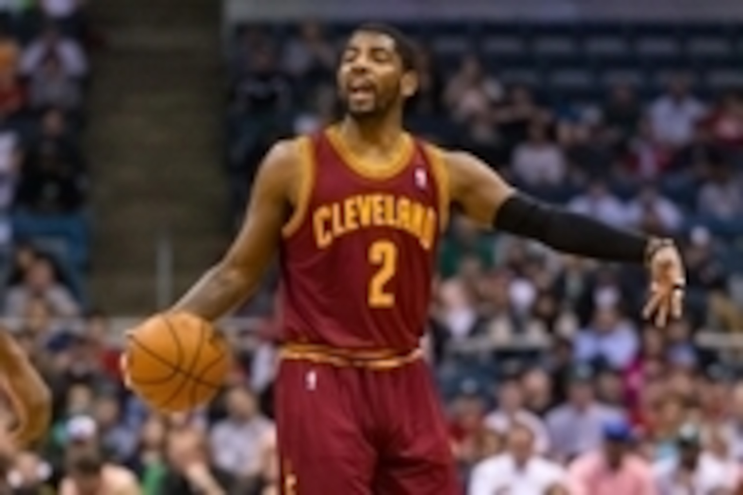 Apr 11, 2014; Milwaukee, WI, USA; Cleveland Cavaliers guard Kyrie Irving (2) during the game against the Milwaukee Bucks at BMO Harris Bradley Center.  Milwaukee won 119-116.  Mandatory Credit: Jeff Hanisch-USA TODAY Sports