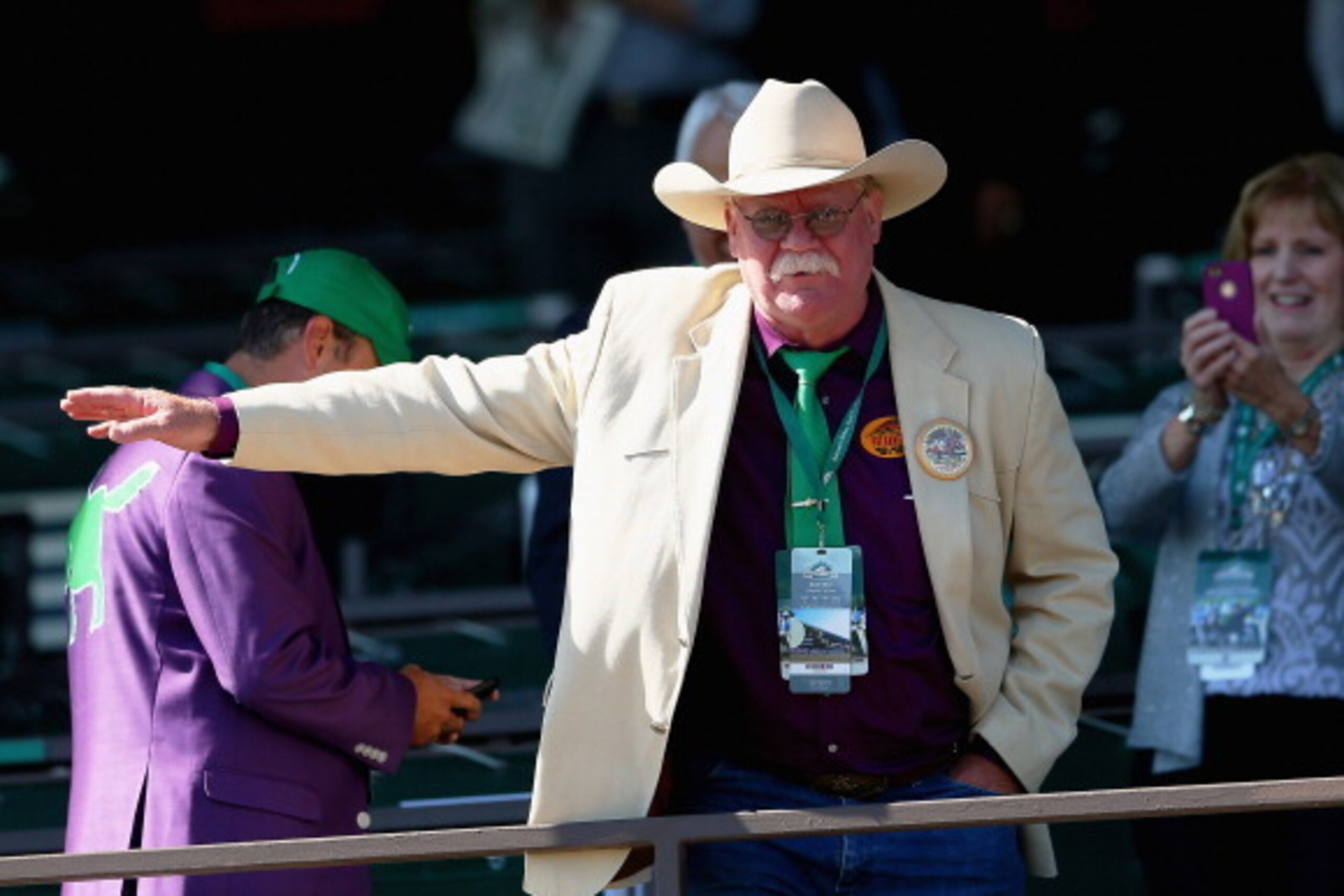 ELMONT, NY - JUNE 07:  Steve Coburn, co-owner of California Chrome waves to fans at Belmont Park on June 7, 2014 in Elmont, New York.  California Chrome will be attempting to win the triple crown in the Belmont Stakes.  (Photo by Mike Ehrmann/Getty Images