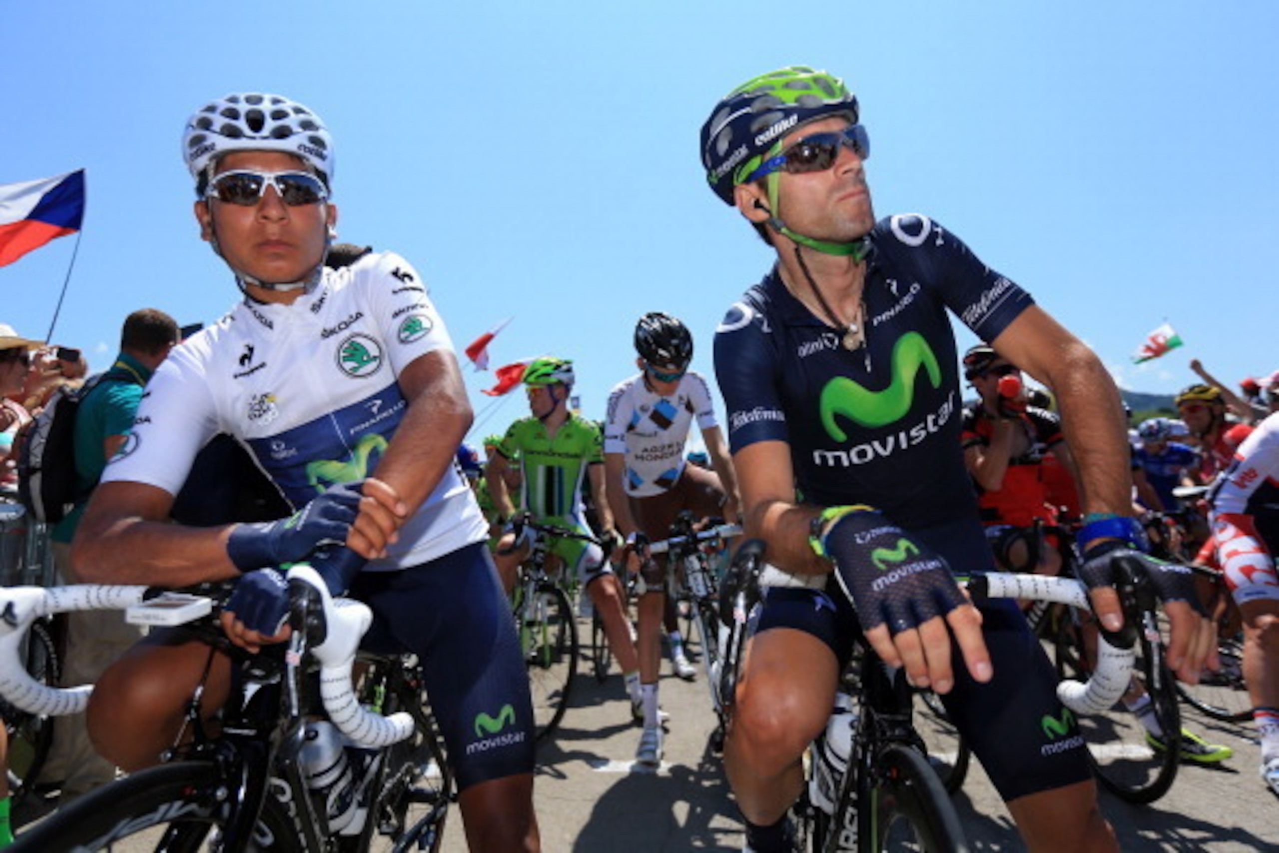 ANNECY, FRANCE - JULY 20: Alejandro Valverde of Spain and Team Movistar (R) and team-mate best young rider Nairo Quintana of Colombia look on ahead of stage twenty of the 2013 Tour de France, a 125KM road stage from Annecy to Annecy-Semnoz, on July 20, 20