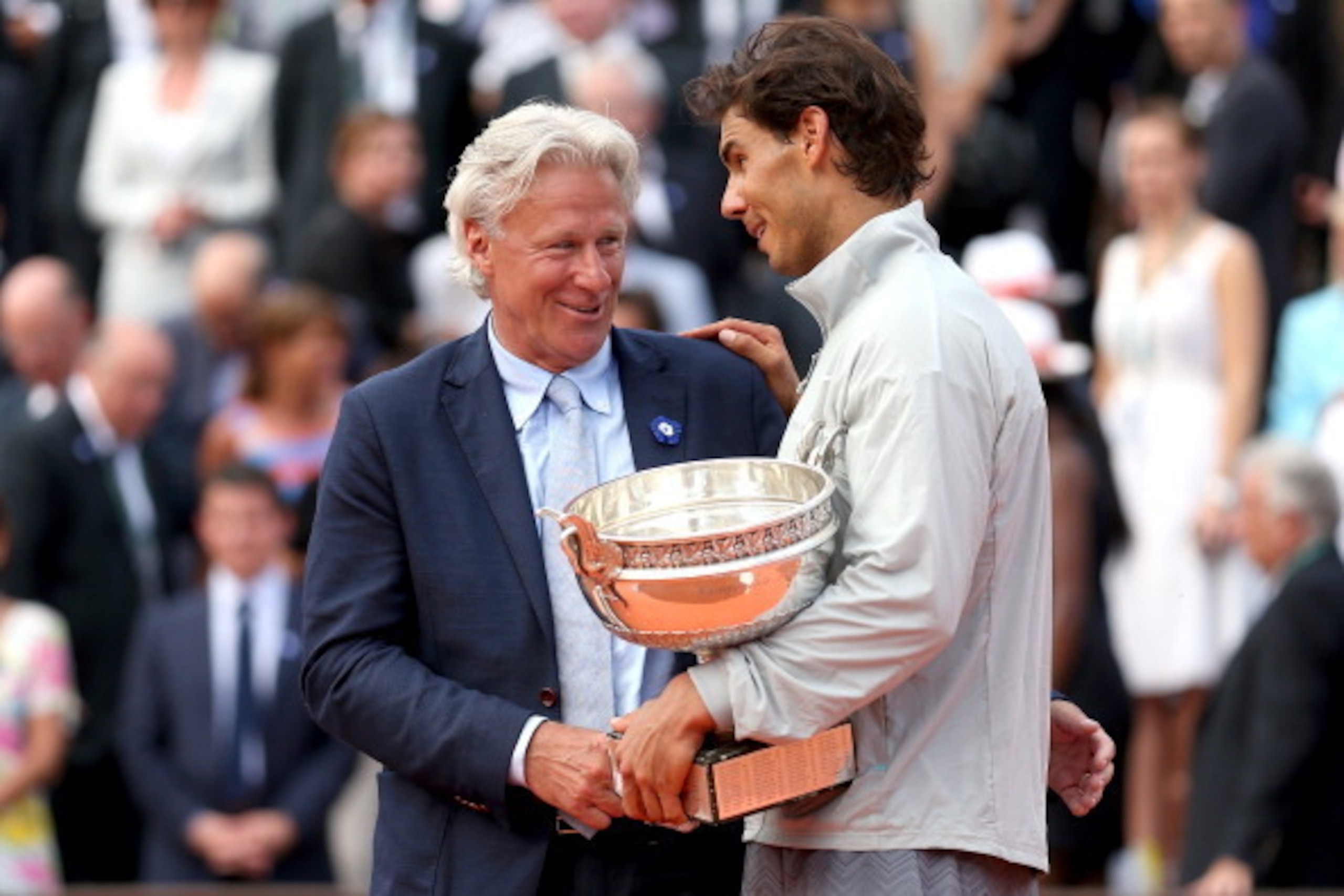 PARIS, FRANCE - JUNE 08:  Rafael Nadal of Spain celebrates with Bjorn Borg during his men's singles final match against Novak Djokovic of Serbia on day fifteen of the French Open at Roland Garros on June 8, 2014 in Paris, France.  (Photo by Matthew Stockm