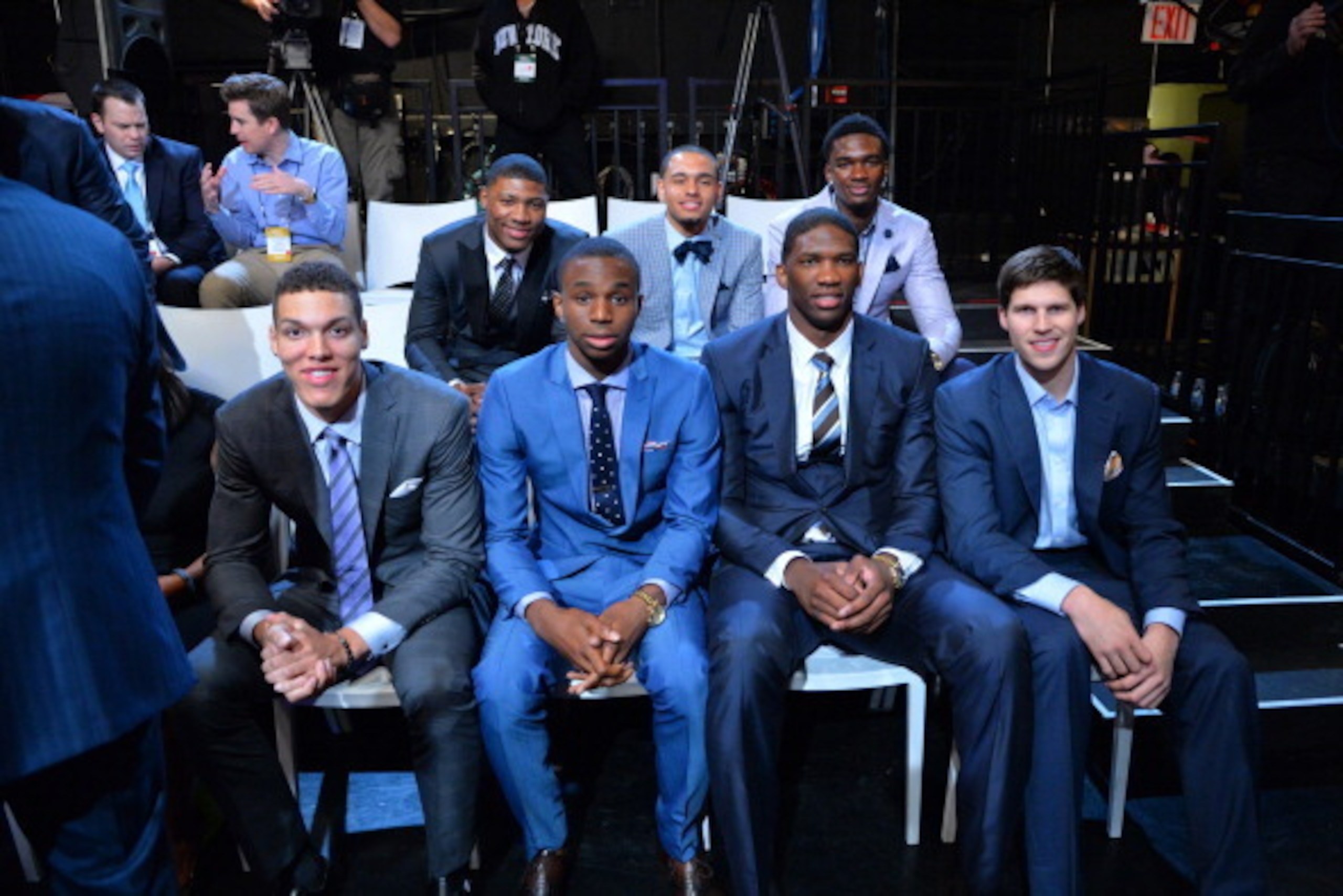 NEW YORK - MAY 20: NBA Draft Prospects Aaron Gordon, Marcus Smart,  Andrew Wiggins, Tyler Ennis, Joel Embiid, Noah Vonleh, and Doug McDermott poses for a photo during to the 2014 NBA Draft Lottery on May 20, 2014 at the ABC News' 'Good Morning America' Ti