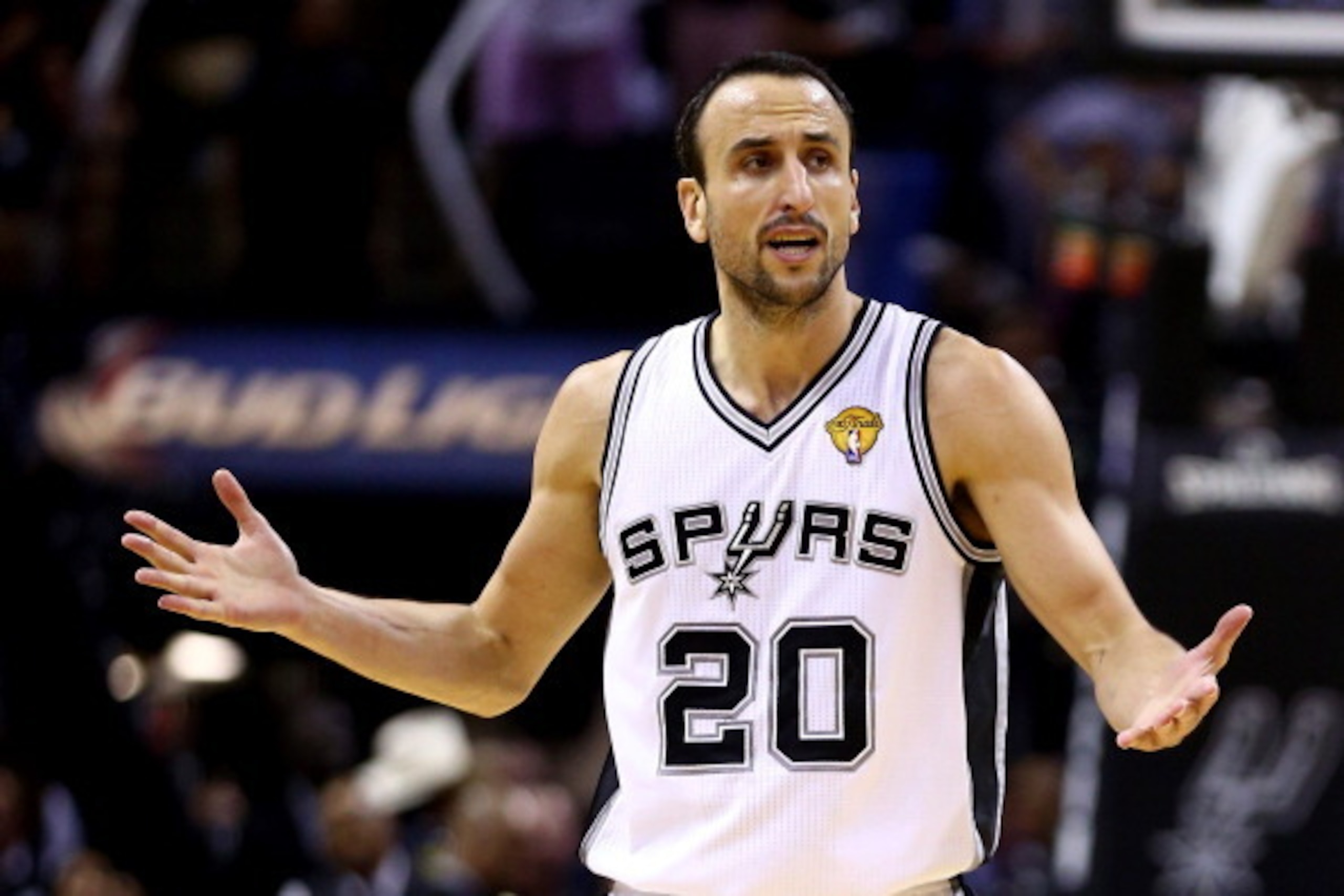 SAN ANTONIO, TX - JUNE 08:  Manu Ginobili #20 of the San Antonio Spurs reacts against the Miami Heat during Game Two of the 2014 NBA Finals at the AT&T Center on June 8, 2014 in San Antonio, Texas. NOTE TO USER: User expressly acknowledges and agrees that