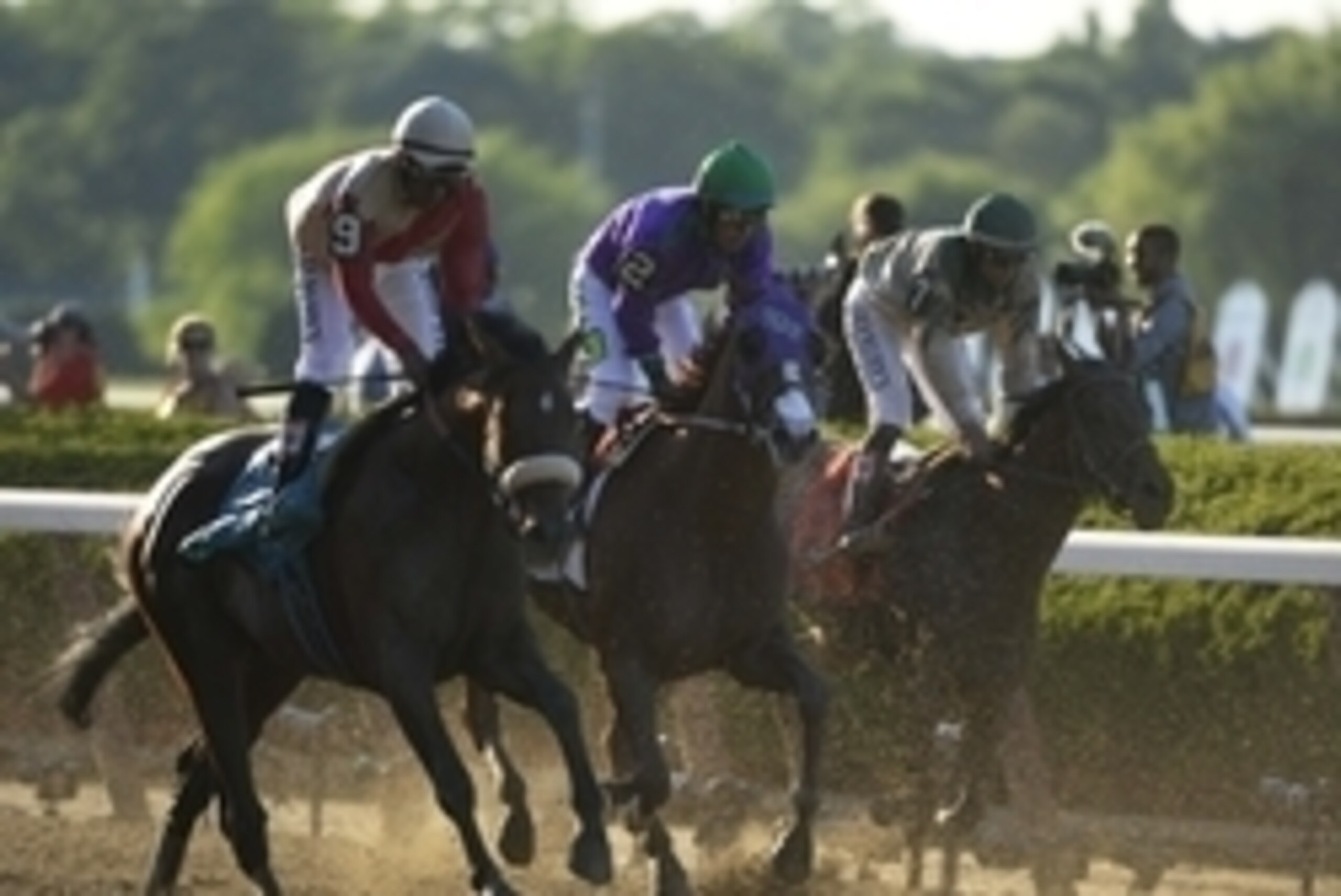 Jun 7, 2014; Elmont, NY, USA; Victor Espinoza aboard California Chrome (2) rides after finishing tied for fourth place during the 2014 Belmont Stakes at Belmont Park. Mandatory Credit: Robert Deutsch-USA TODAY Sports