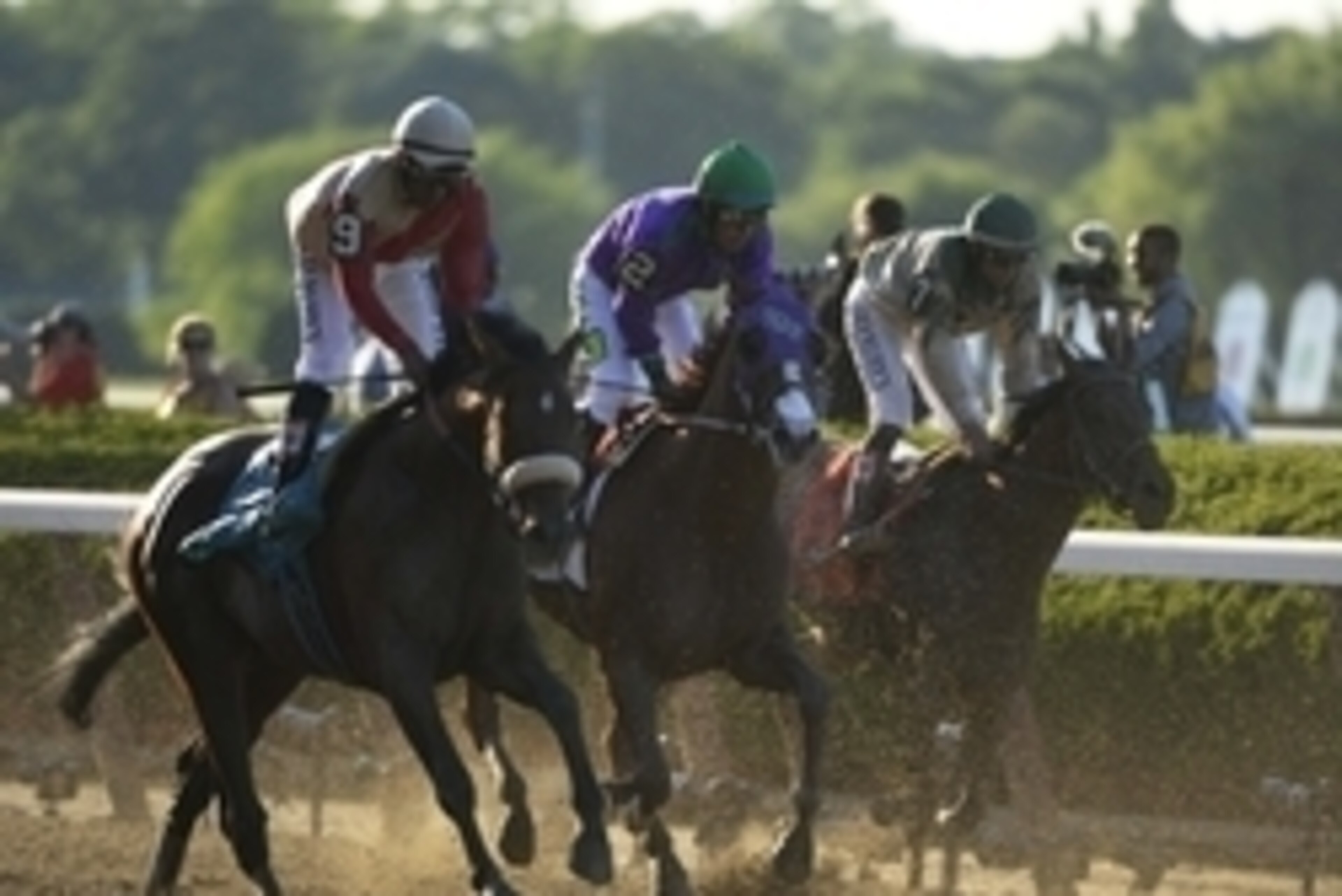 Jun 7, 2014; Elmont, NY, USA; Victor Espinoza aboard California Chrome (2) rides after finishing tied for fourth place during the 2014 Belmont Stakes at Belmont Park. Mandatory Credit: Robert Deutsch-USA TODAY Sports