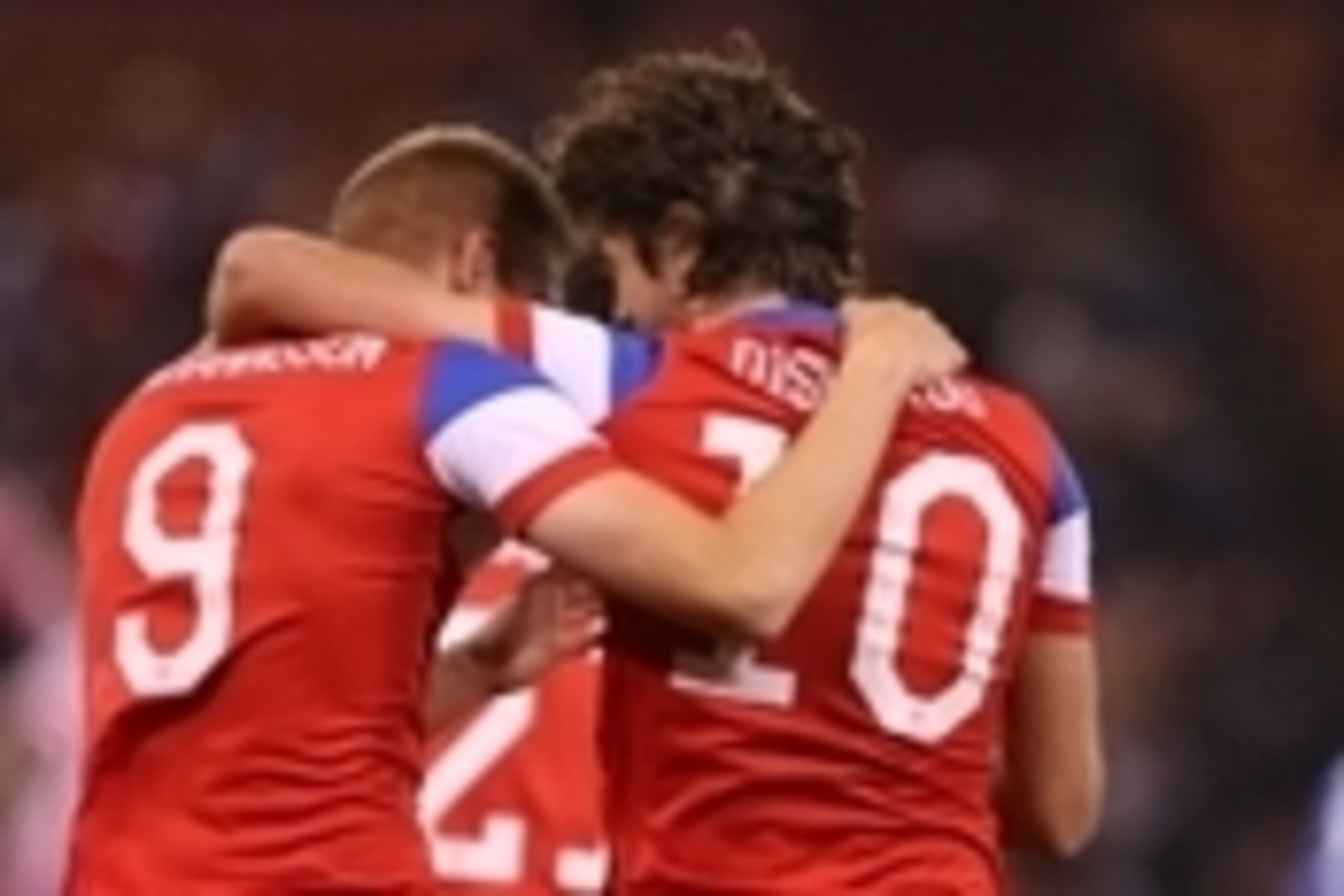 May 27, 2014; San Francisco, CA, USA; United States forward Aron Johannsson (9) and midfielder Mix Diskerud (10) celebrate after Johannsson's goal against Azerbaijan during the second half at Candlestick Park. The United States defeated Azerbaijan 2-0. Ma