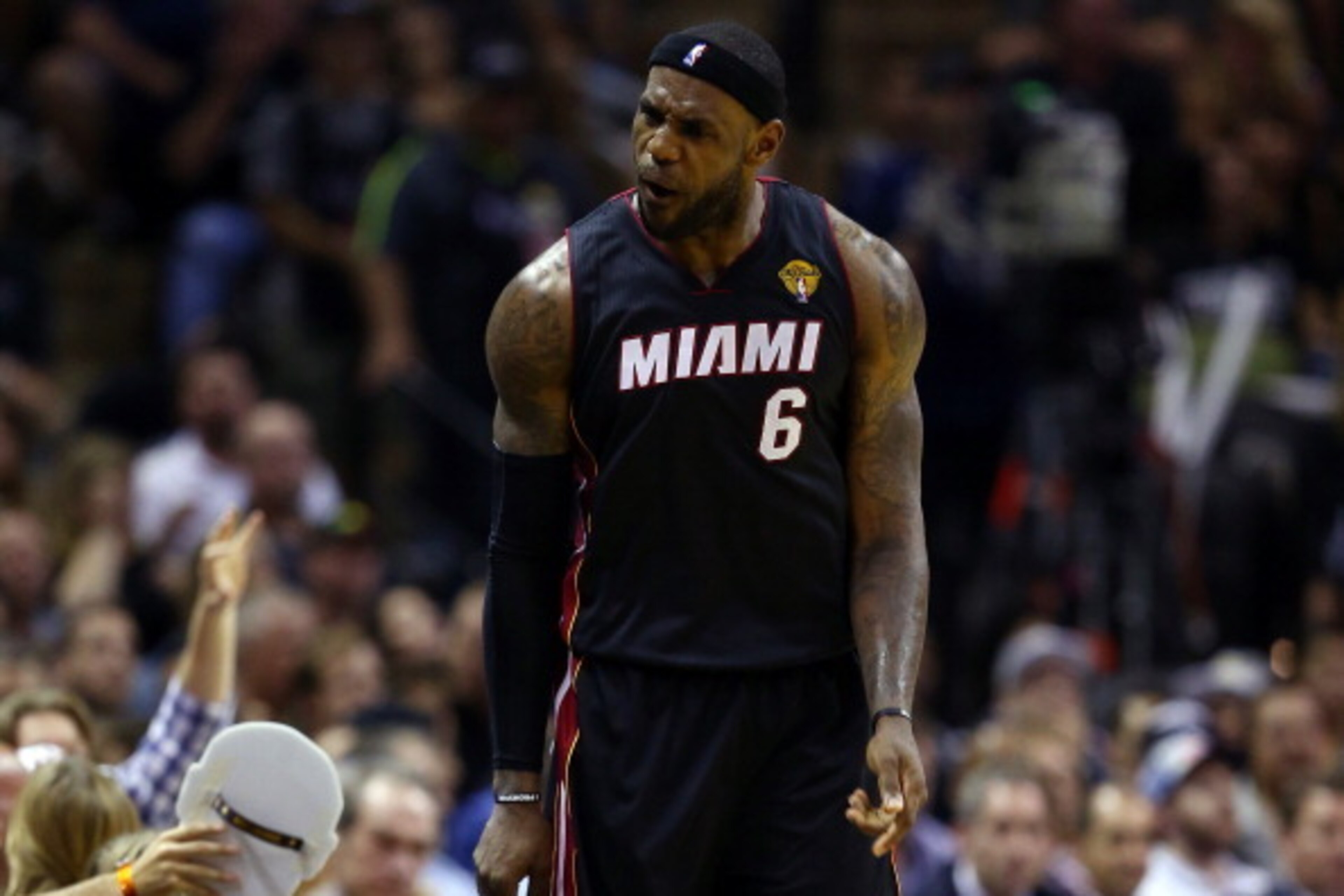 SAN ANTONIO, TX - JUNE 08:  LeBron James #6 of the Miami Heat reacts against the San Antonio Spurs during Game Two of the 2014 NBA Finals at the AT&T Center on June 8, 2014 in San Antonio, Texas. NOTE TO USER: User expressly acknowledges and agrees that, 