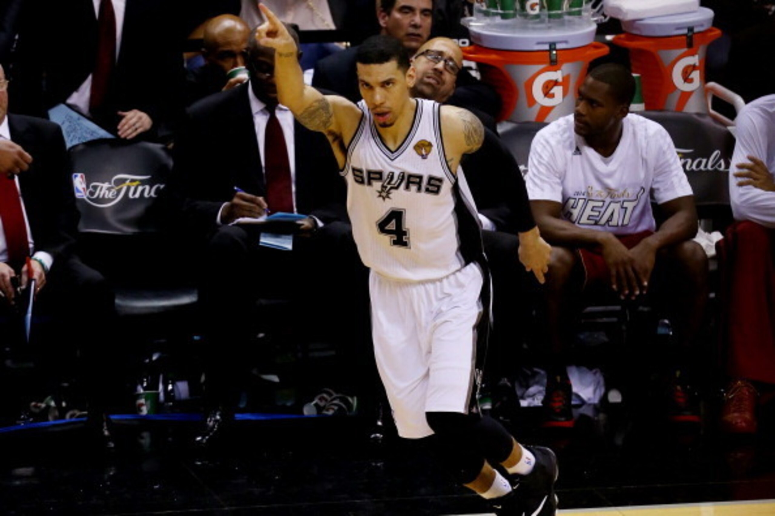 SAN ANTONIO, TX - JUNE 05: Danny Green #4 of the San Antonio Spurs reacts after hitting a shot against the Miami Heat during Game One of the 2014 NBA Finals at the AT&T Center on June 5, 2014 in San Antonio, Texas. NOTE TO USER: User expressly acknowledge
