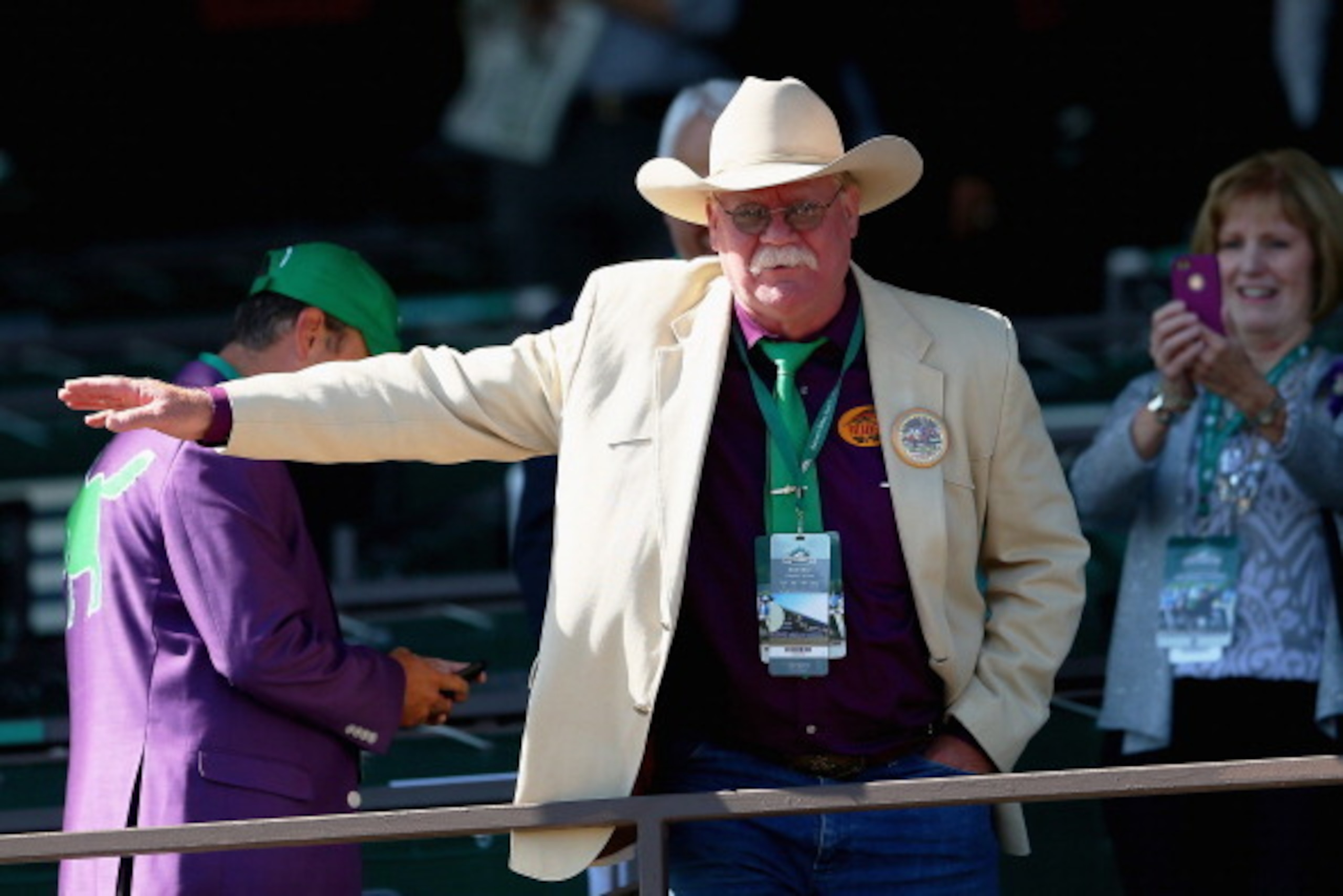 ELMONT, NY - JUNE 07:  Steve Coburn, co-owner of California Chrome waves to fans at Belmont Park on June 7, 2014 in Elmont, New York.  California Chrome will be attempting to win the triple crown in the Belmont Stakes.  (Photo by Mike Ehrmann/Getty Images