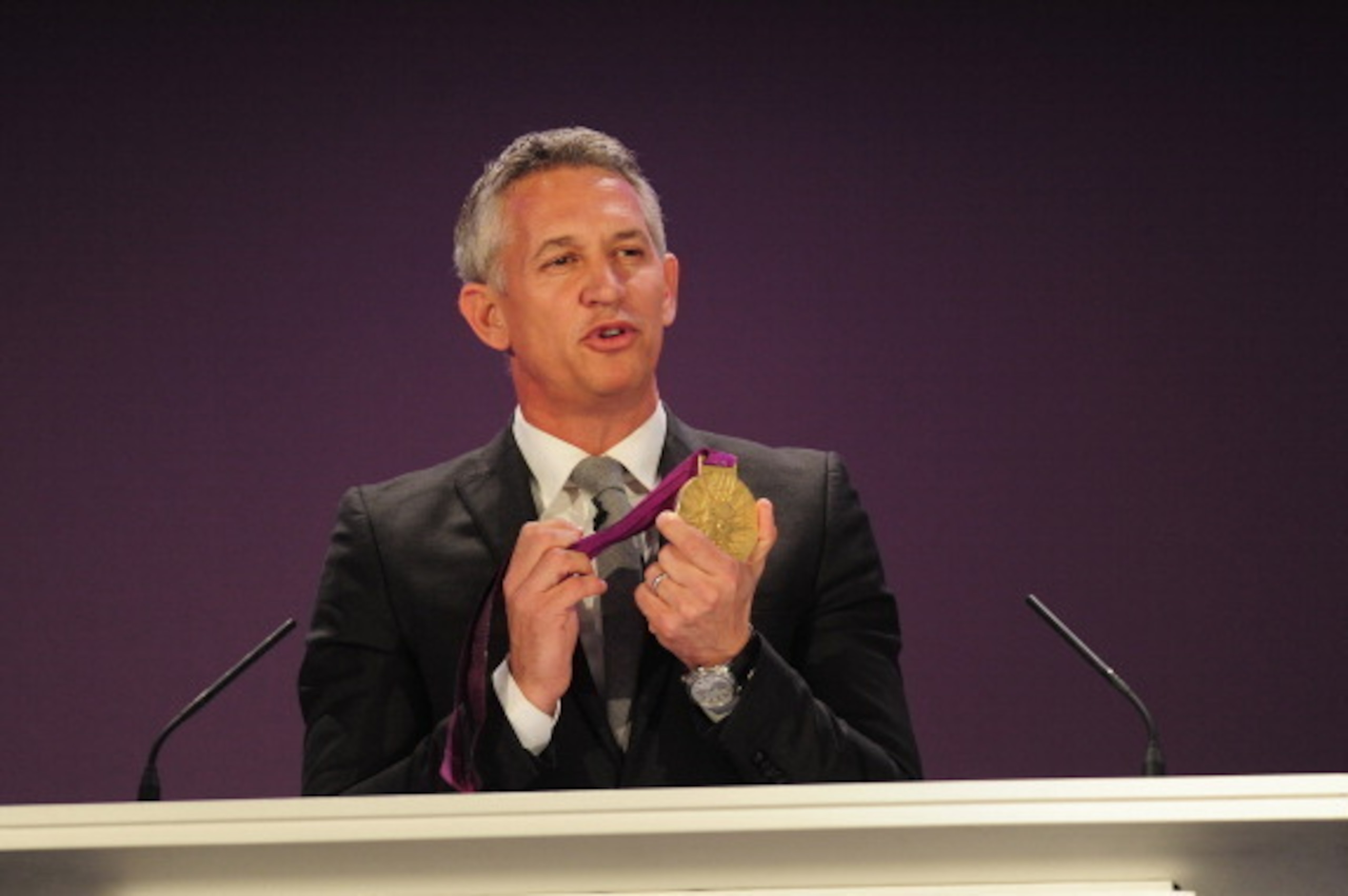 LONDON, ENGLAND - APRIL 24:  Gary Lineker presents the Official Draw for the London 2012 Olympic Football Tournament at Wembley Stadium on April 24, 2012 in London, England.  (Photo by Jamie McDonald/Getty Images)